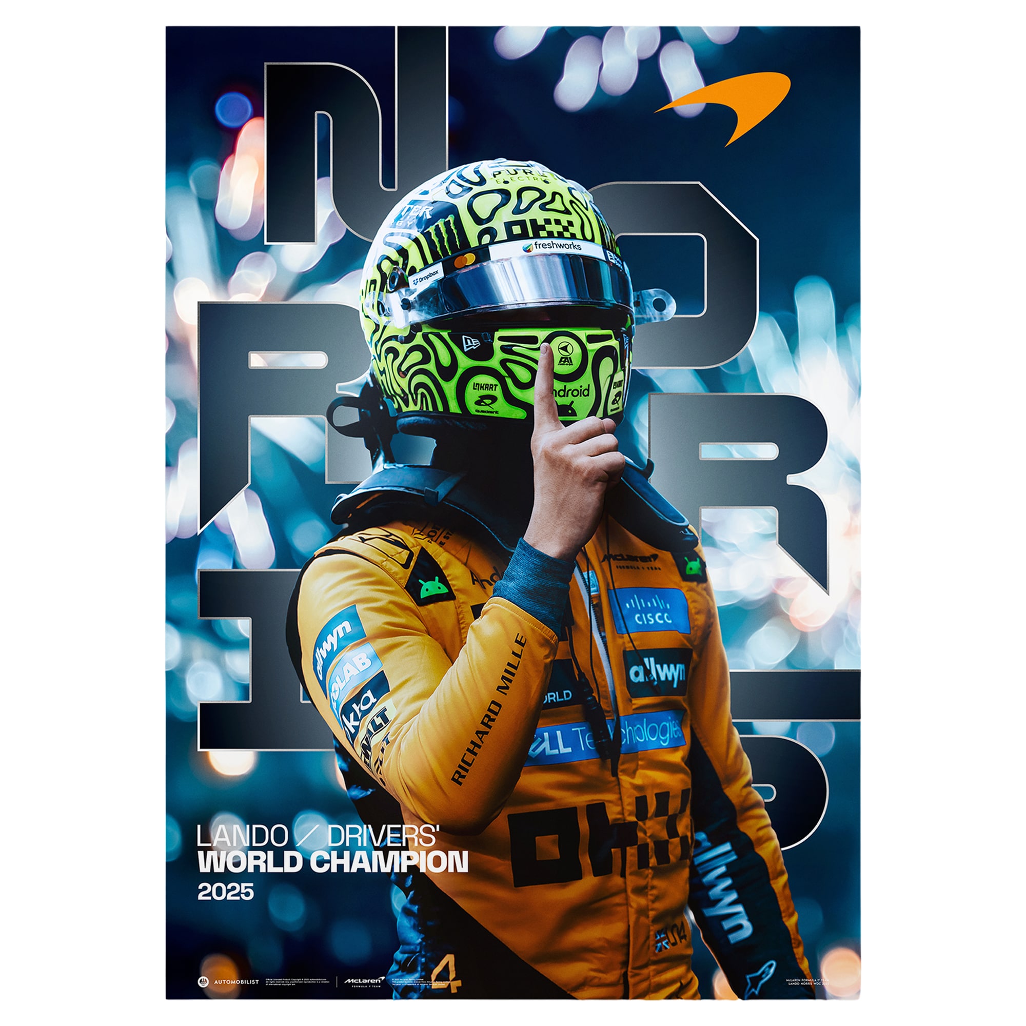 Lando Norris McLaren F1 Team 2025 Drivers' World Champion Poster
