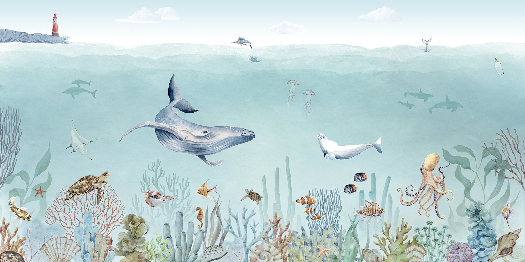 Secret Sealife The Sea Watercolour Illustration Wallpaper Mural