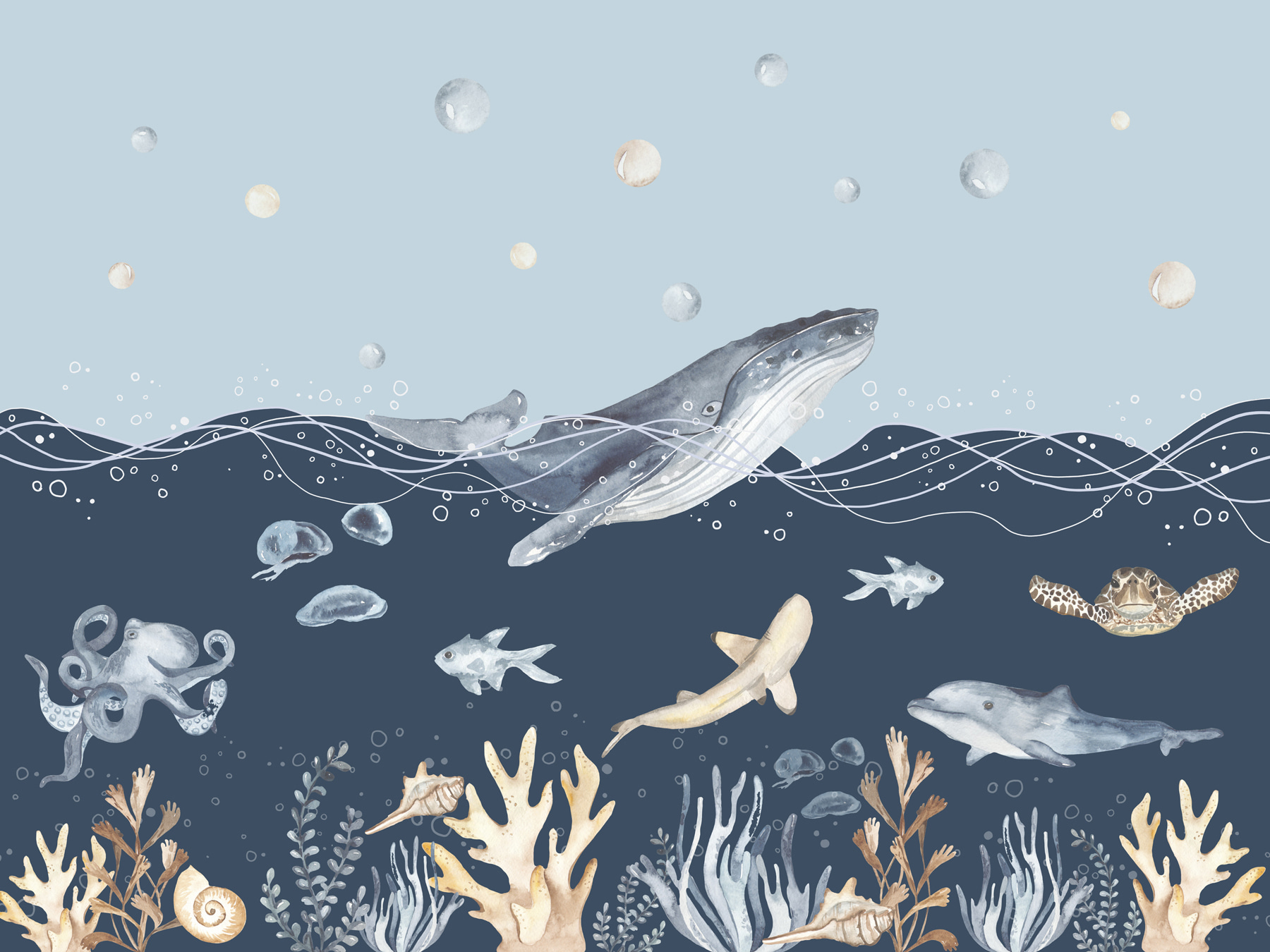 Wall Mural Photo Wallpaper Underwater Sea Life, Whale, Dolphin, Corals, Sea Animals, Ocean Theme, Pastel Colors u98902