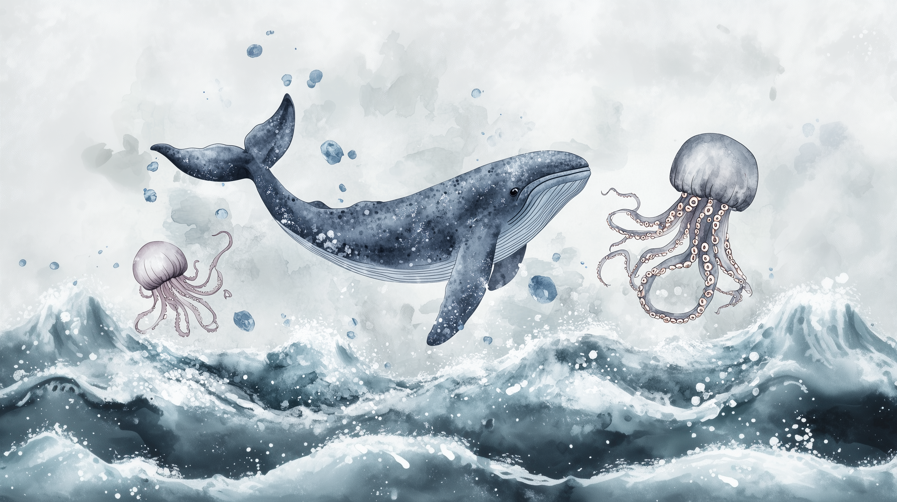 Watercolor Nursery Ocean Animals Wallpaper, Whale Wall Mural, Peel and Stick Abstract Underwater Life Wall Decor