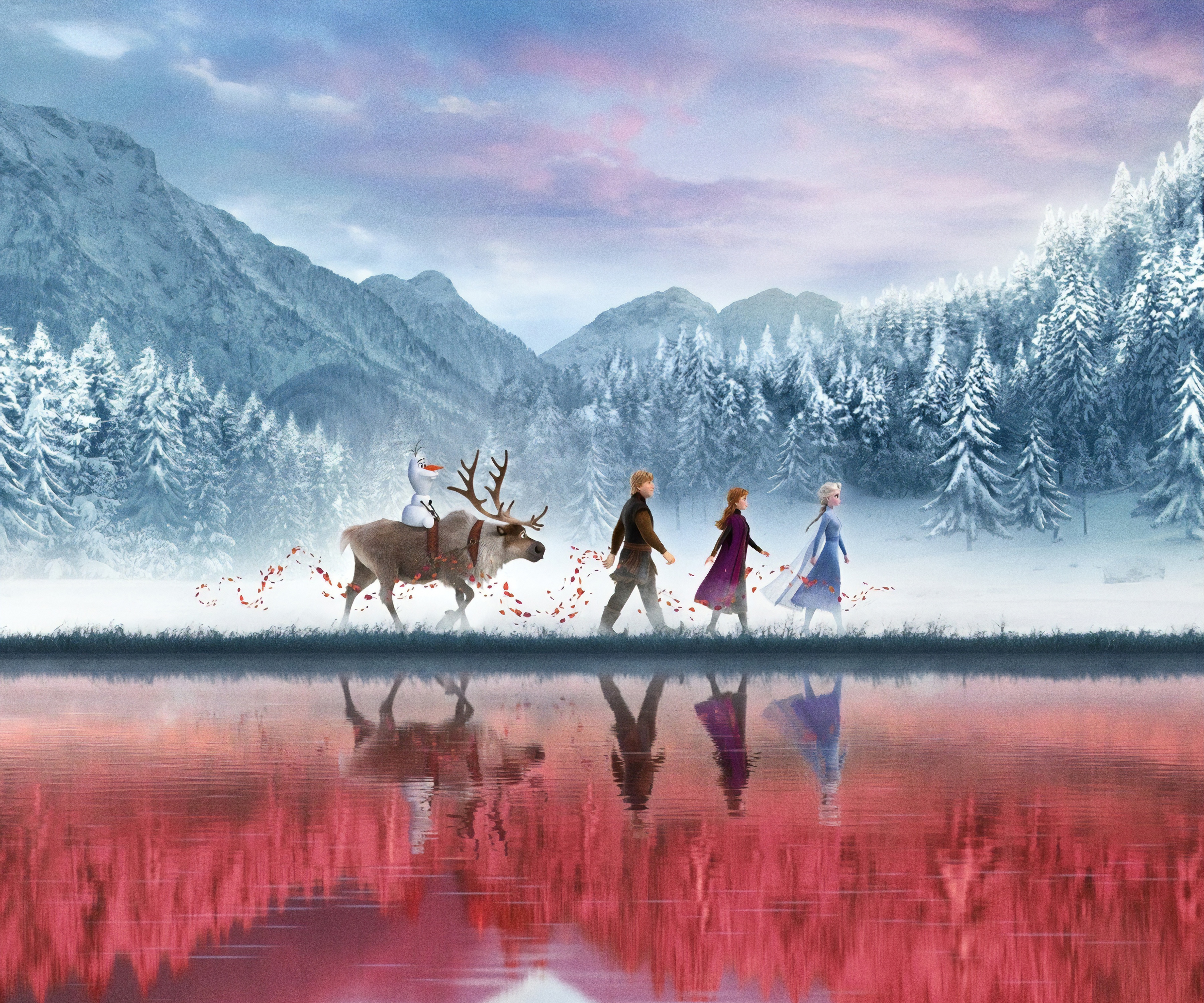 Frozen 2 HD Wallpaper: Elsa, Anna, Kristoff, Olaf & Sven in Winter Wonderland