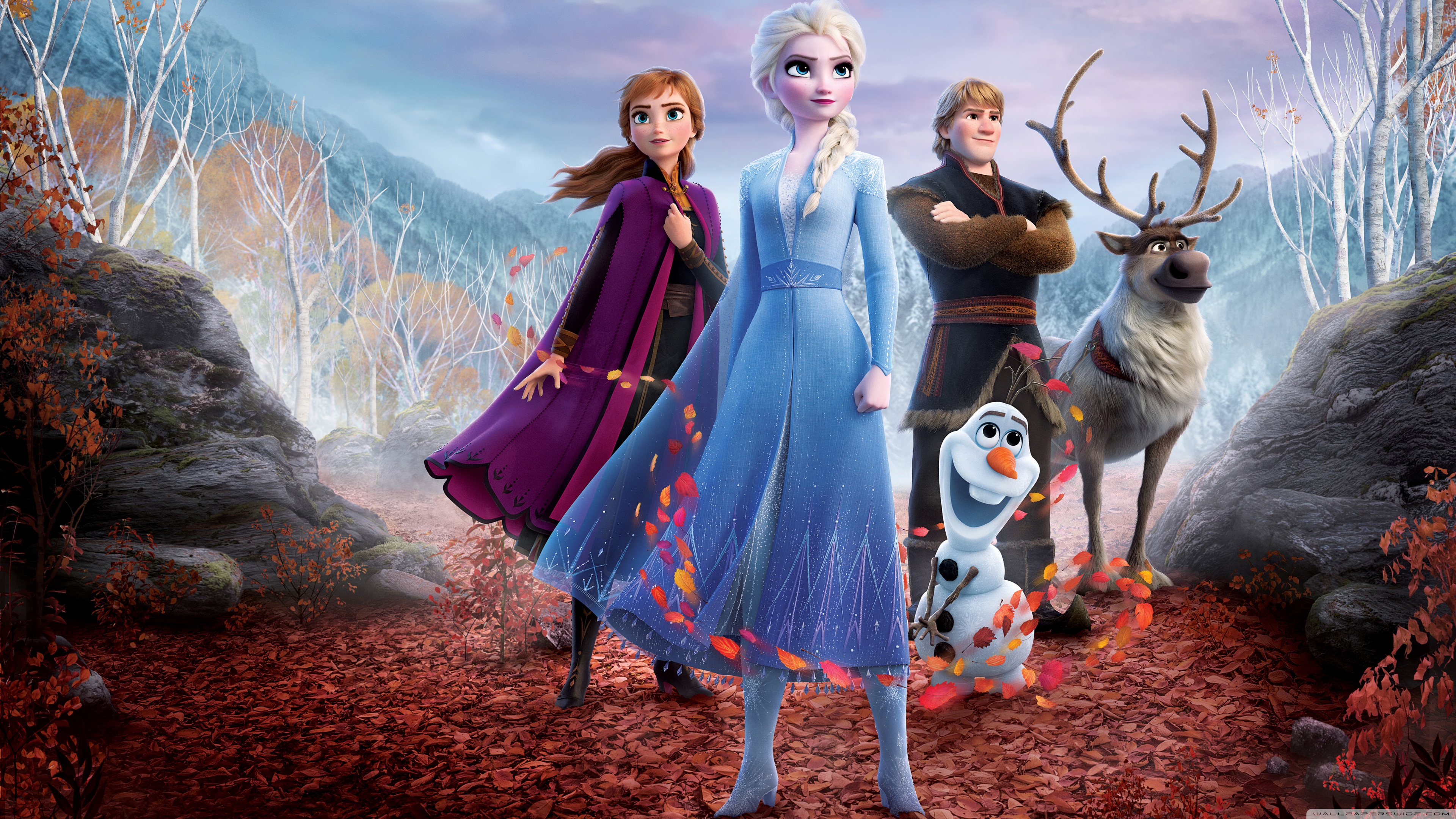 Frozen 2 movie Snow Queen Elsa, Anna, Kristoff, Olaf snowman 4K UHD Wallpaper for UltraHD Desktop and TV and Triple, Smartphone and Tablet Devices
