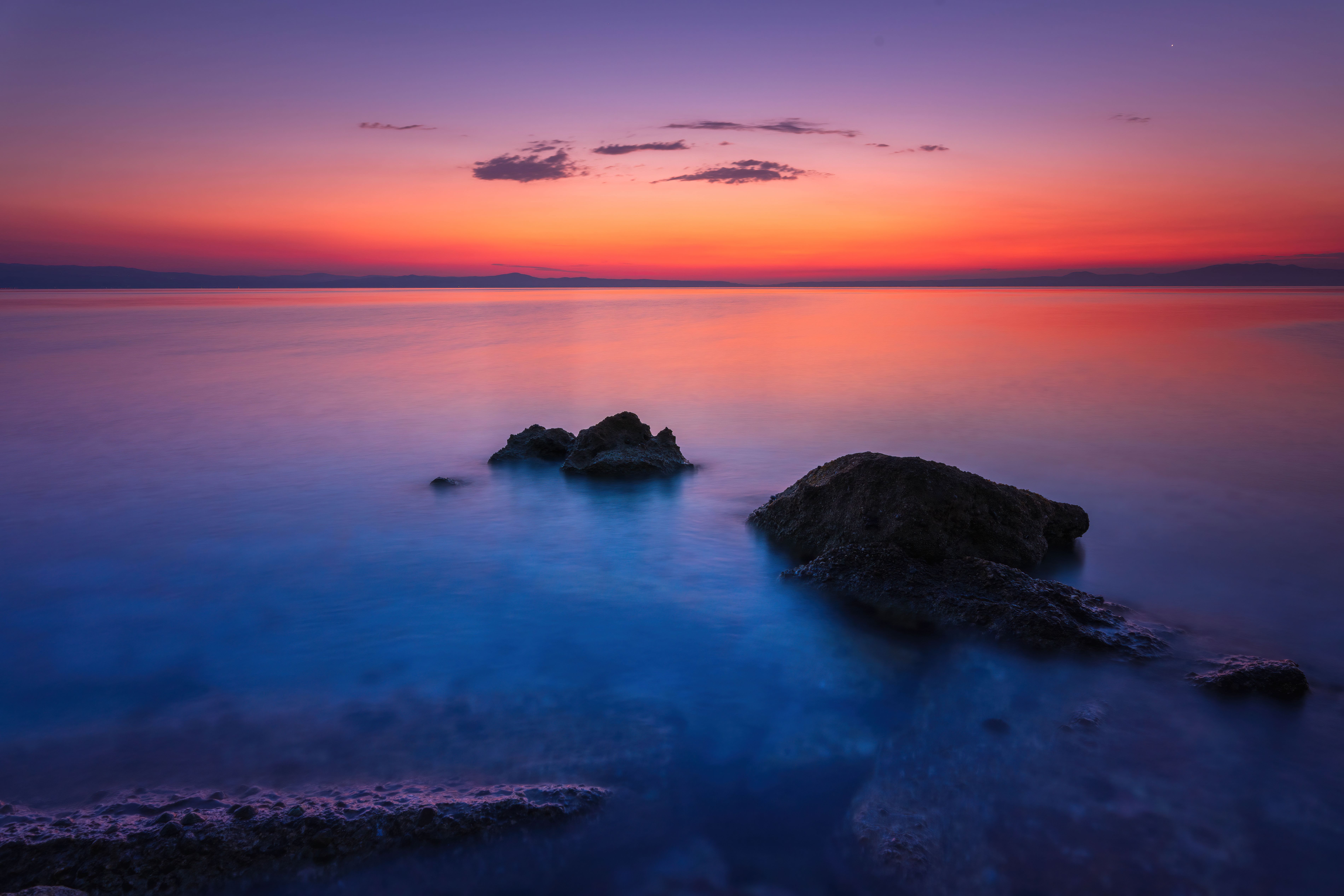 Seascape Wallpaper 4K, Twilight, Sunset, Rocks, Summer