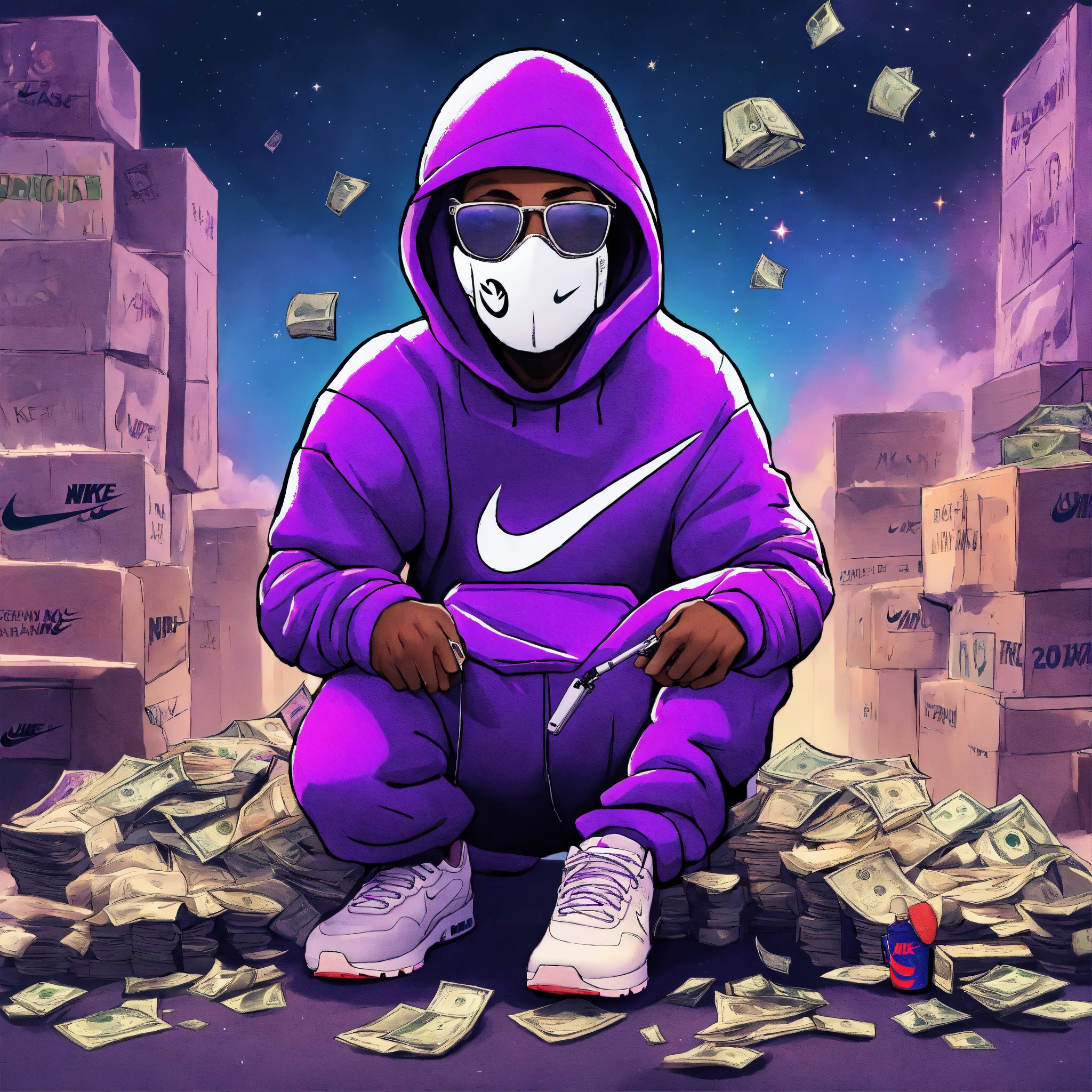 Criminal, german rapper, white ski mask, jogging pants, nike air max plus, pistol, drawing, art, 4k, cartoon style, bundles of money, ghetto