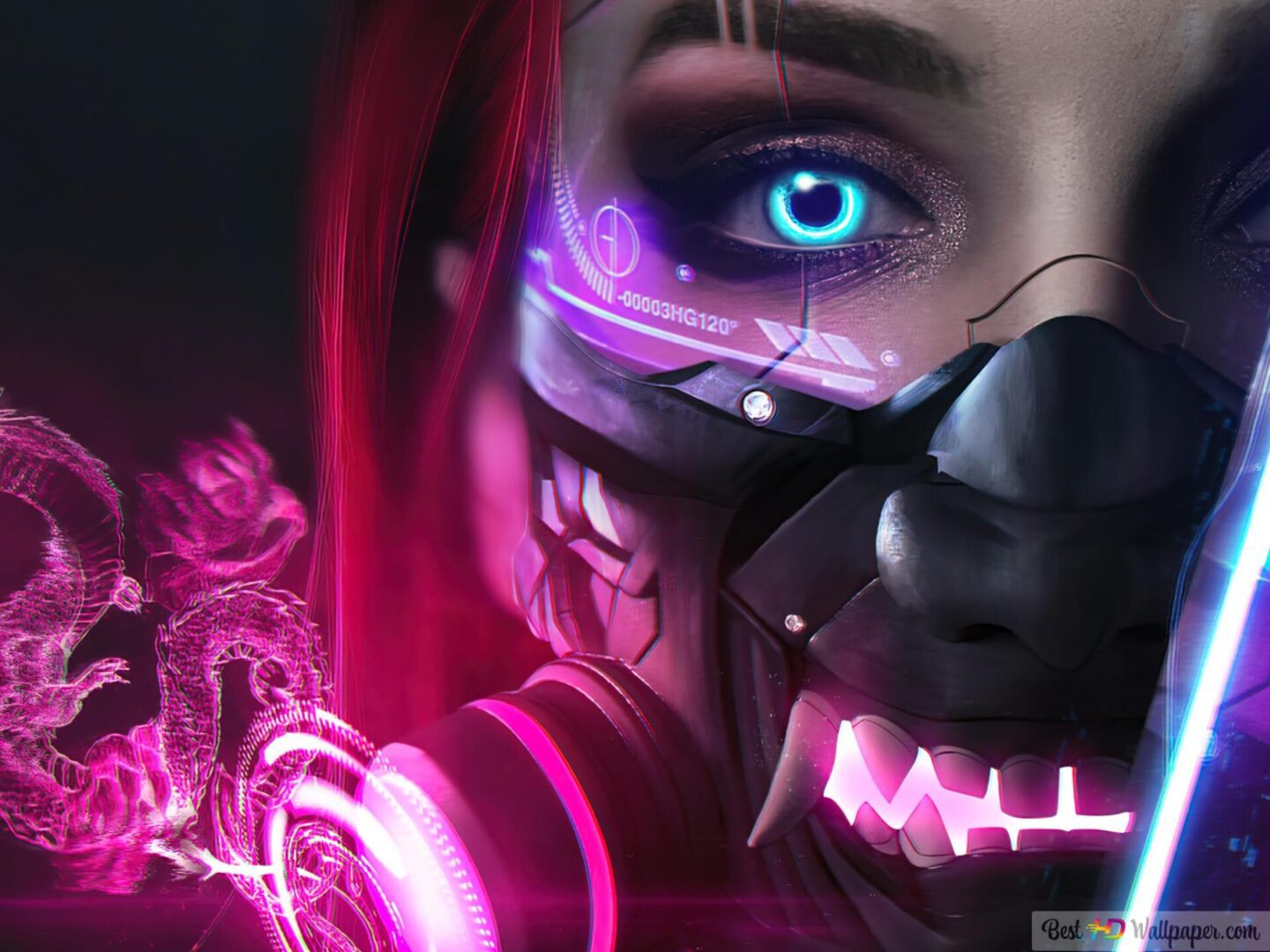 Cyberpunk Girl Oni Mask Scifi Wallpaper 2048x1536_26