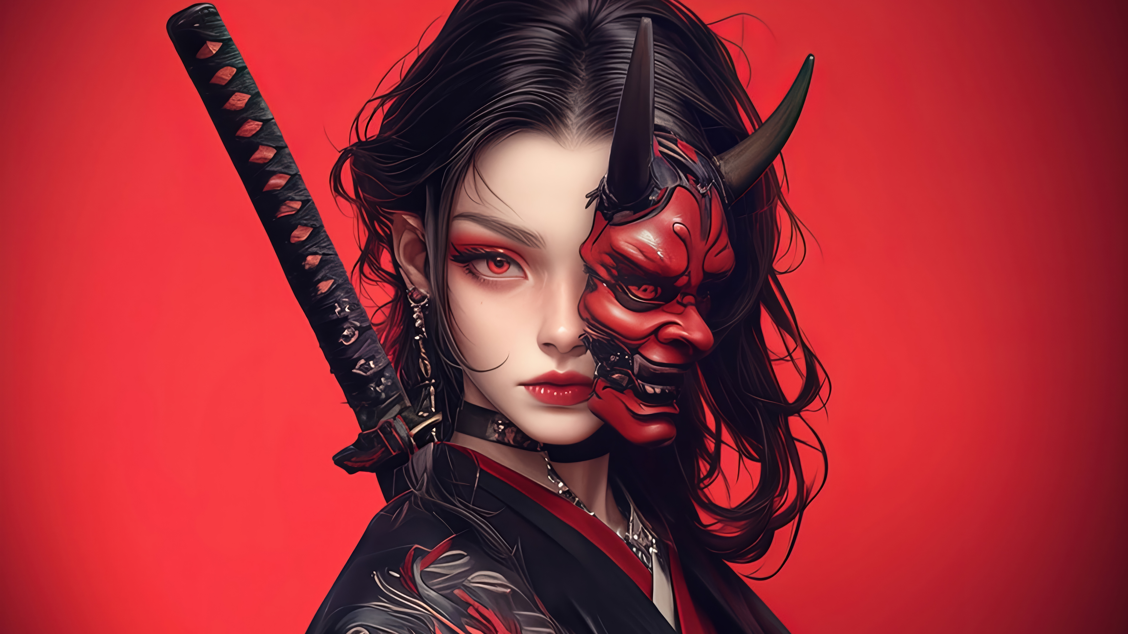 4K Ultra HD Anime Samurai Girl with Katana and Red Oni Mask