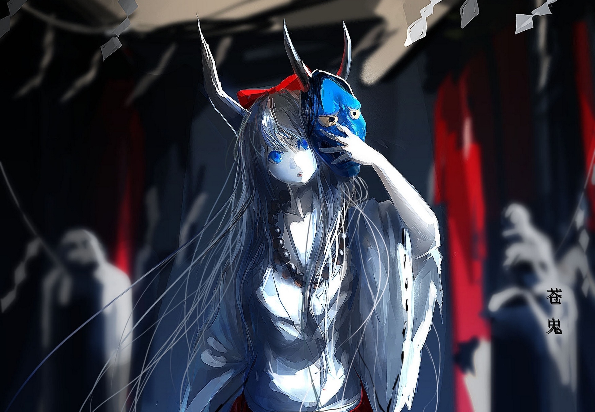 Wallpaper girl, mask, characters, horns, touhou, traditional clothing, Ibuki Suika for mobile and desktop, section аниме, resolution 1920x1330