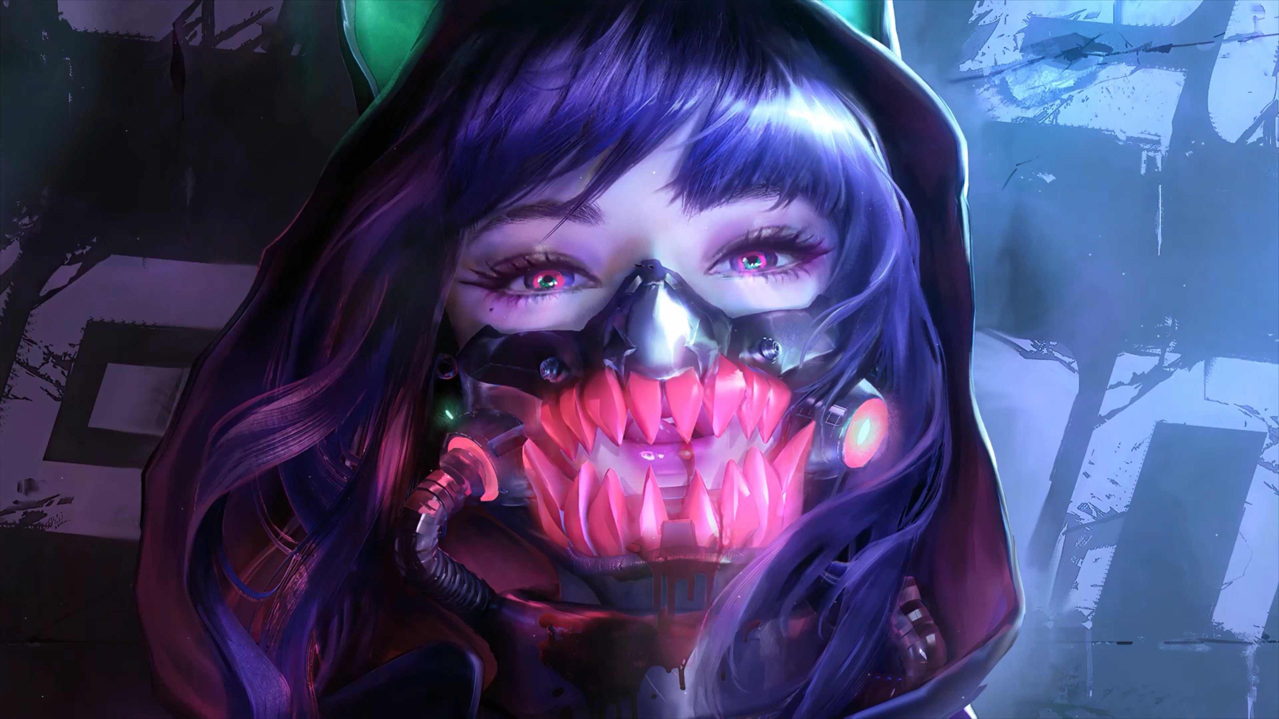 Cyberpunk Girl Hoodie Oni Mask Live Wallpaper