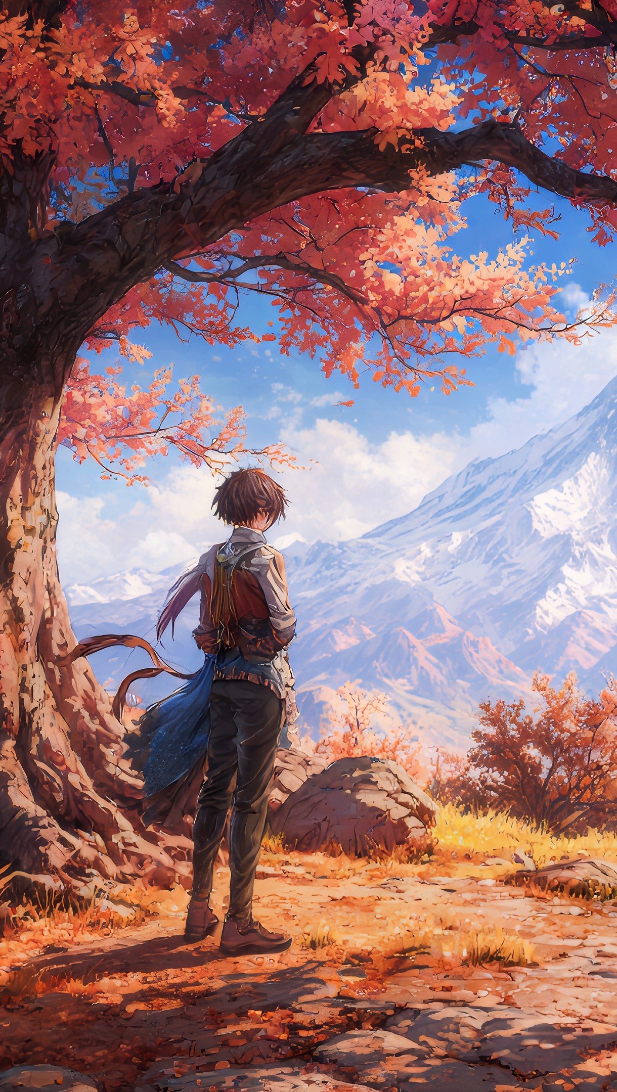 Anime character in an autumn landscape Wallpaper 4k for iPhone and Mobile Phone