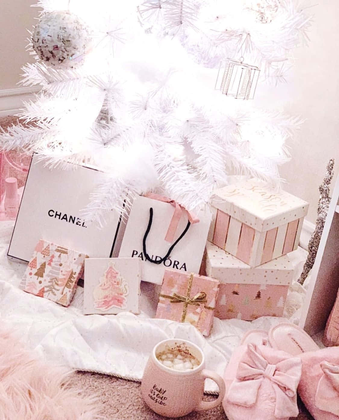 Download Pink Christmas Treeand Gifts Aesthetic Wallpaper