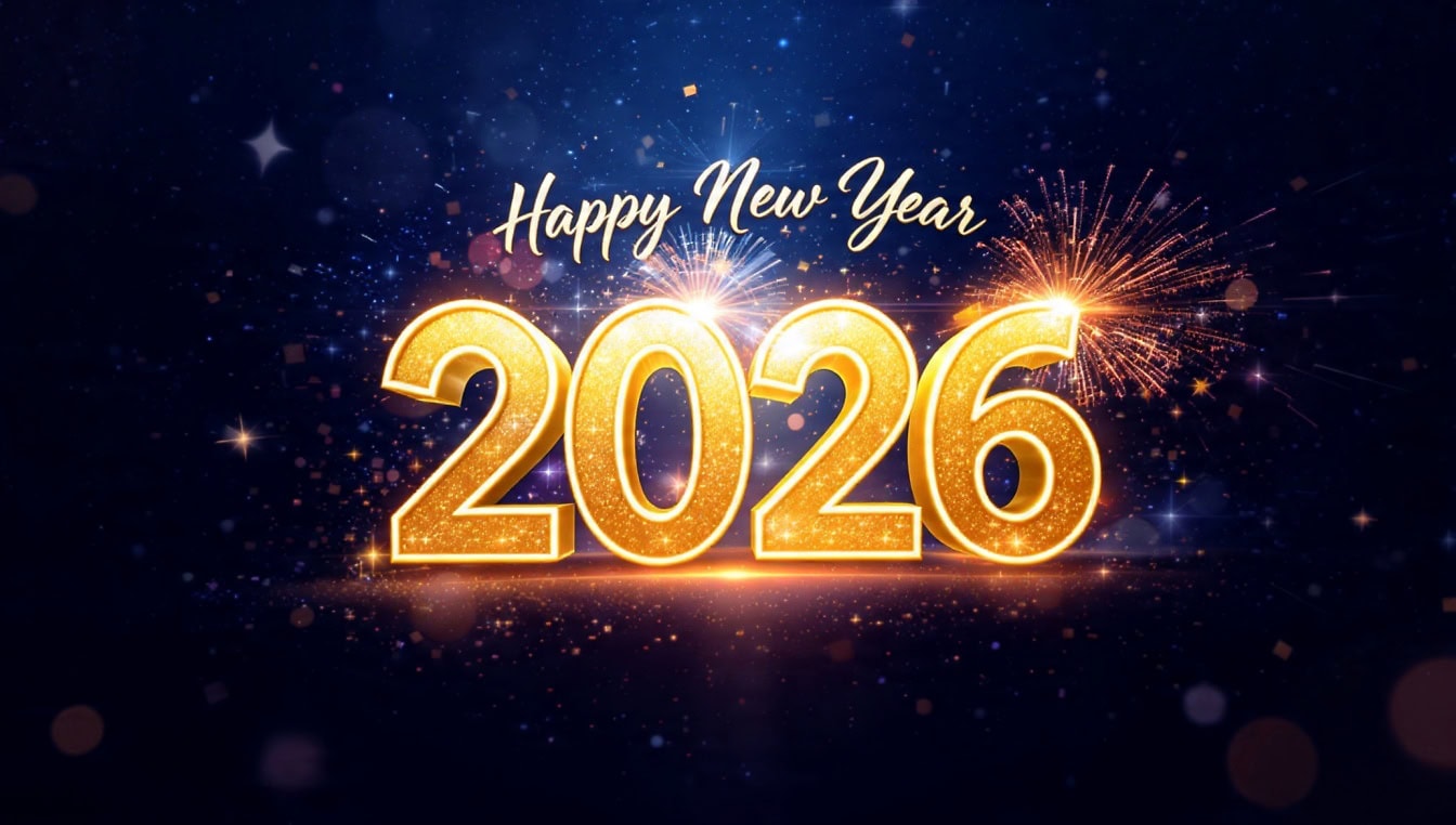 Free picture: Happy New 2026. Year, a celebratory invitation card with golden numbers and fireworks on dark background