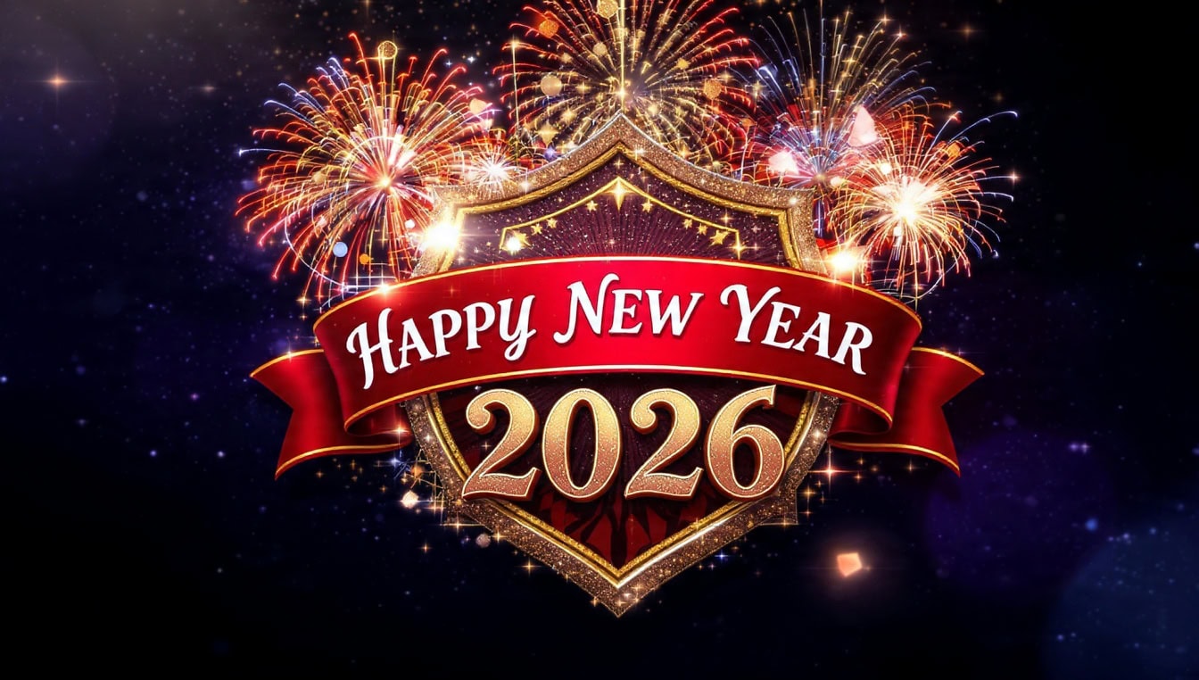 Free picture: Happy New 2026. Year, free invitation card for celebration of new year with golden numbers and fireworks on dark background