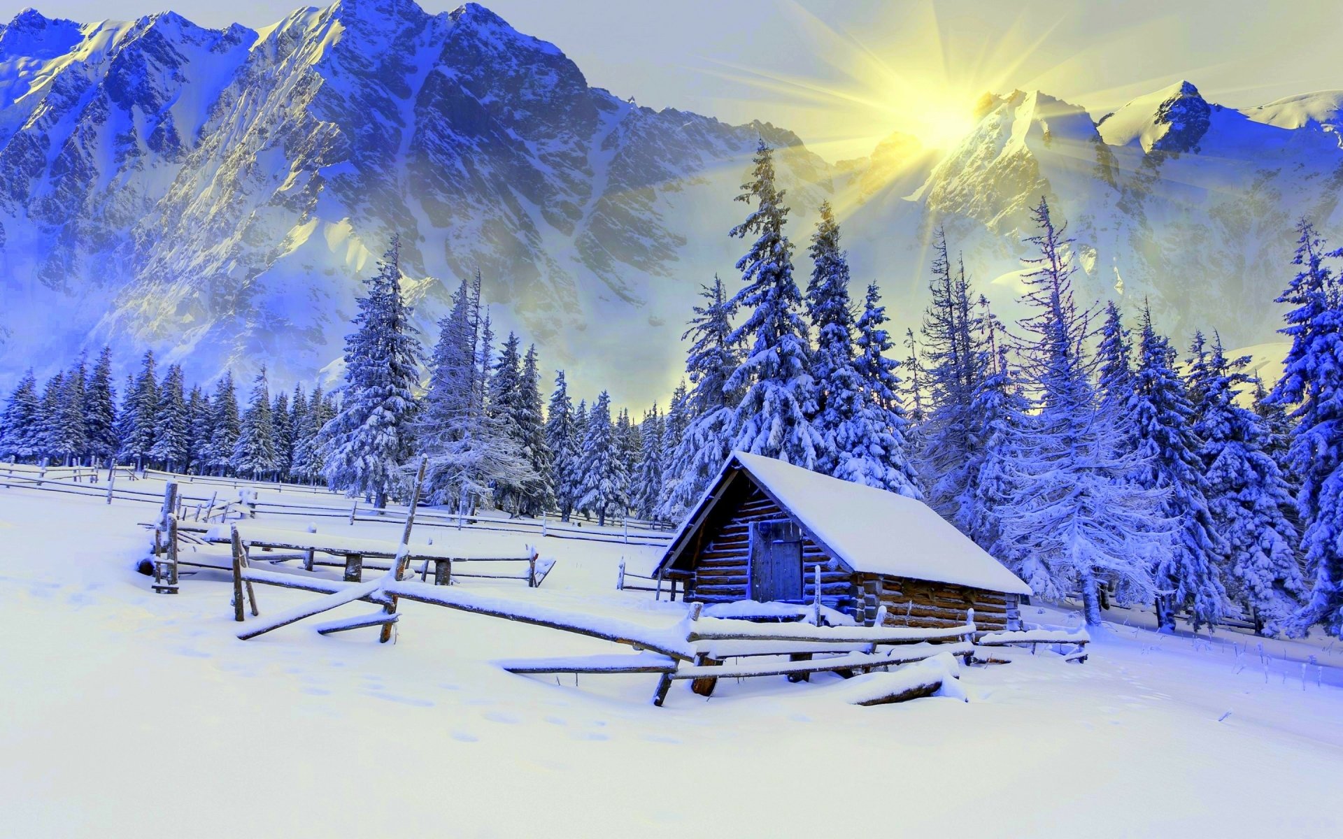 Winter Sunrise Over Snowy Mountain Cabin