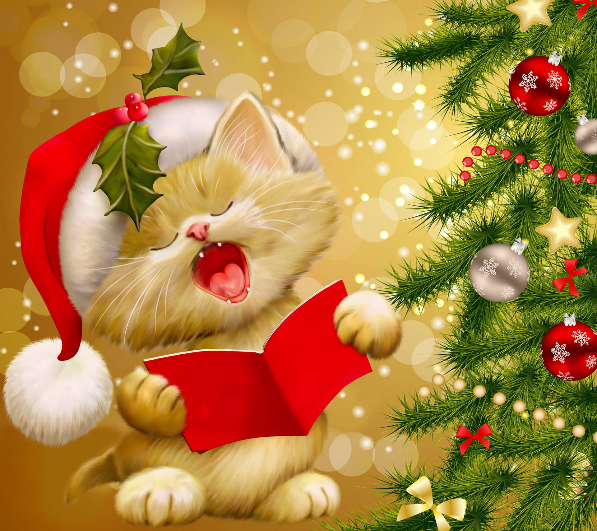 Download Cute Merry Christmas Singing Cat Wallpaper