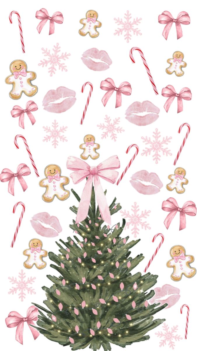 pink #holidays #christmas #cute #coquette #gingerbread #bows #candycanes #snowflakes #wallpaper #lockscreen #homescreen