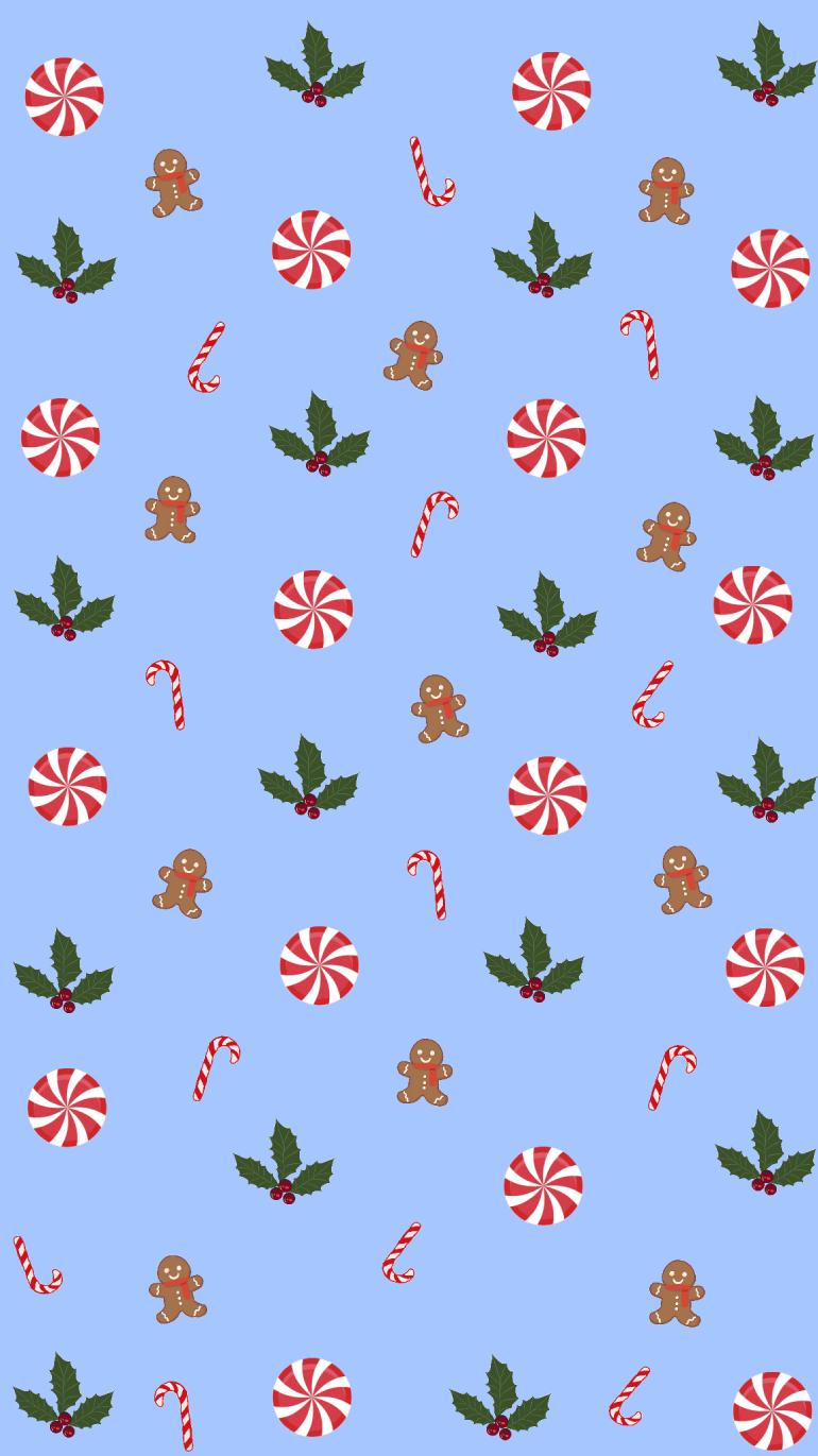 Pastel Blue Gingerbread & Candy Cane Cute Christmas Wallpaper