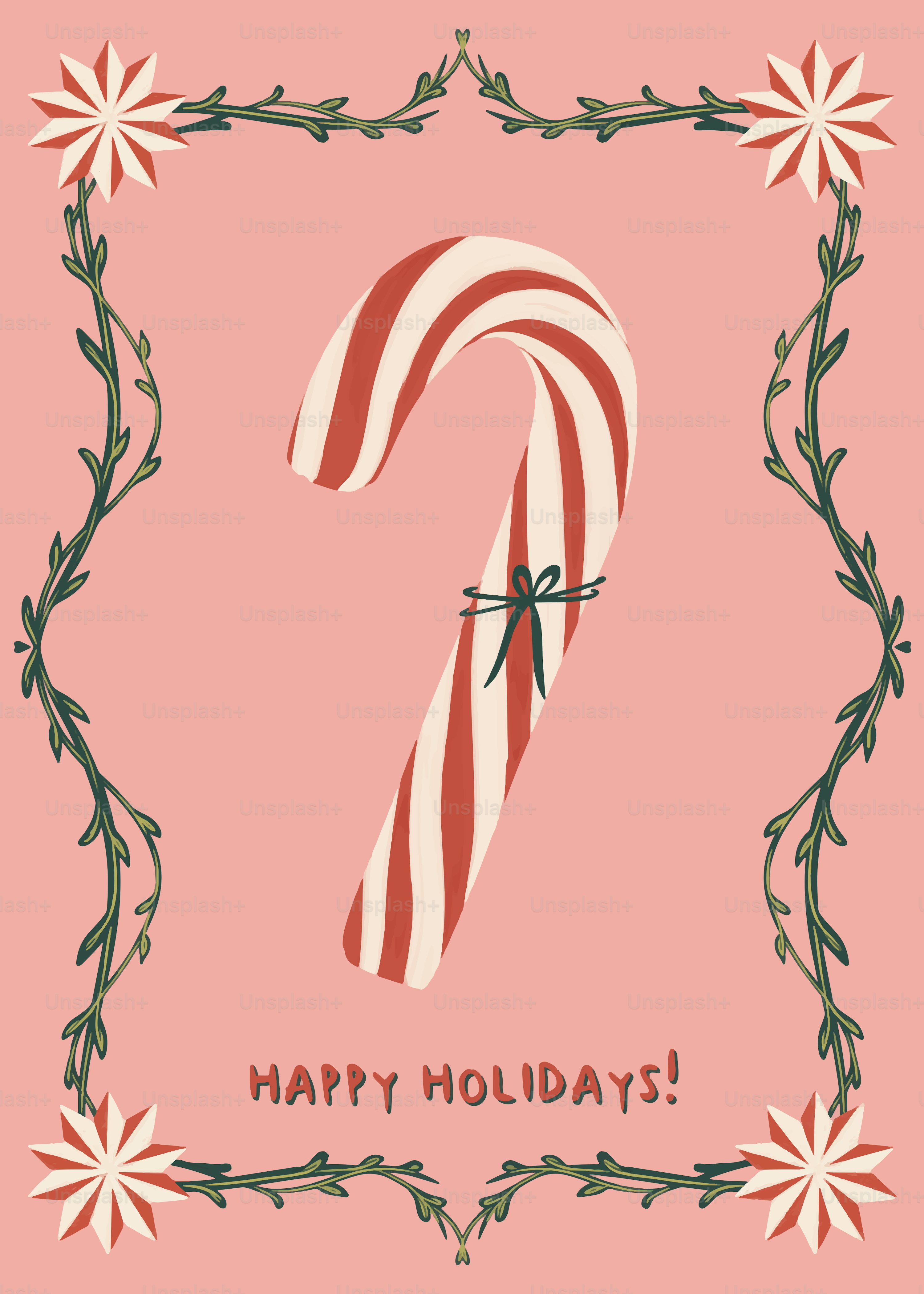 A candy cane on a pink background with a wreath around it vector