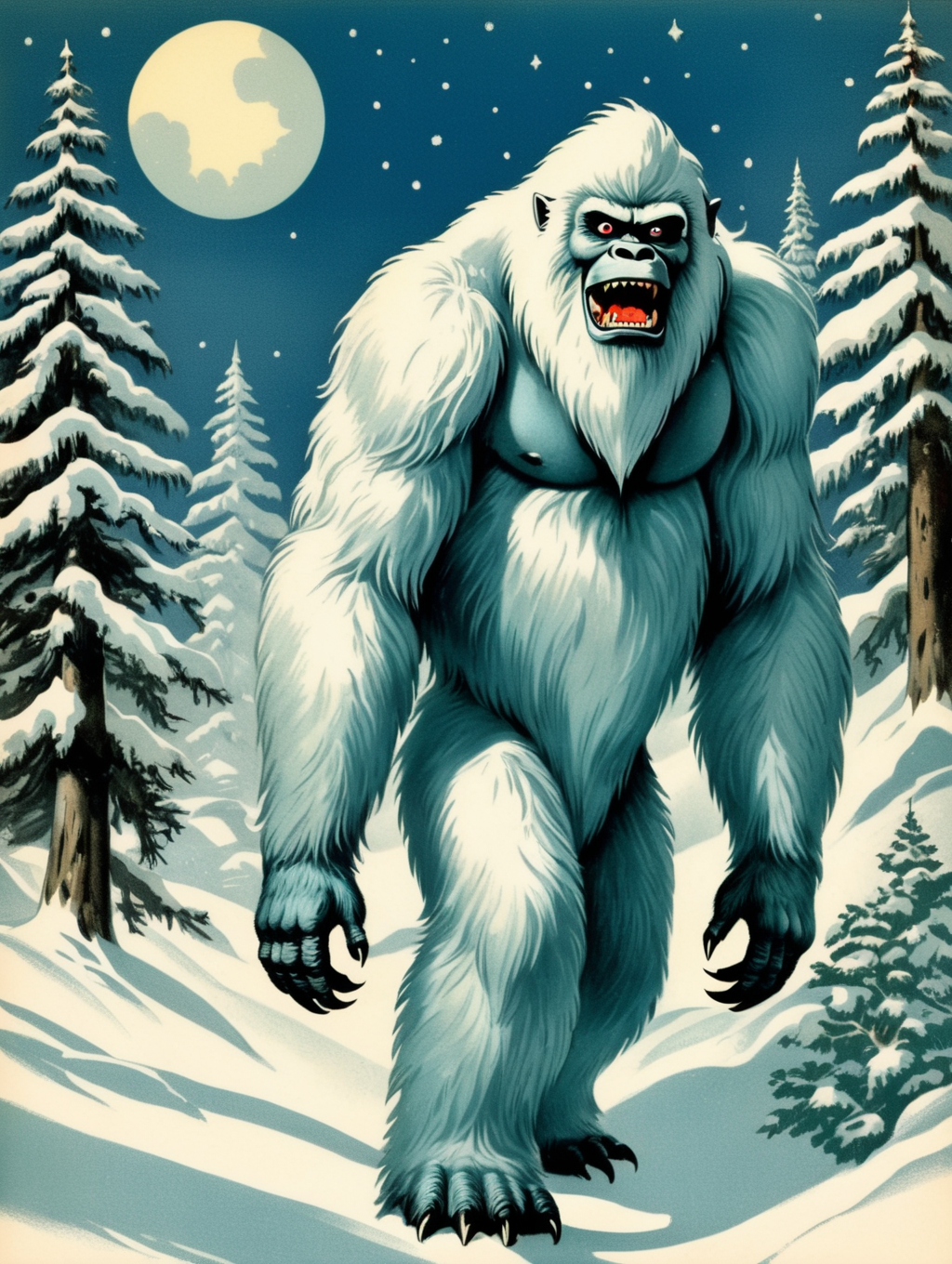 Premium Free ai Image. yeti abominable snowman vintage christmas postcard illustration