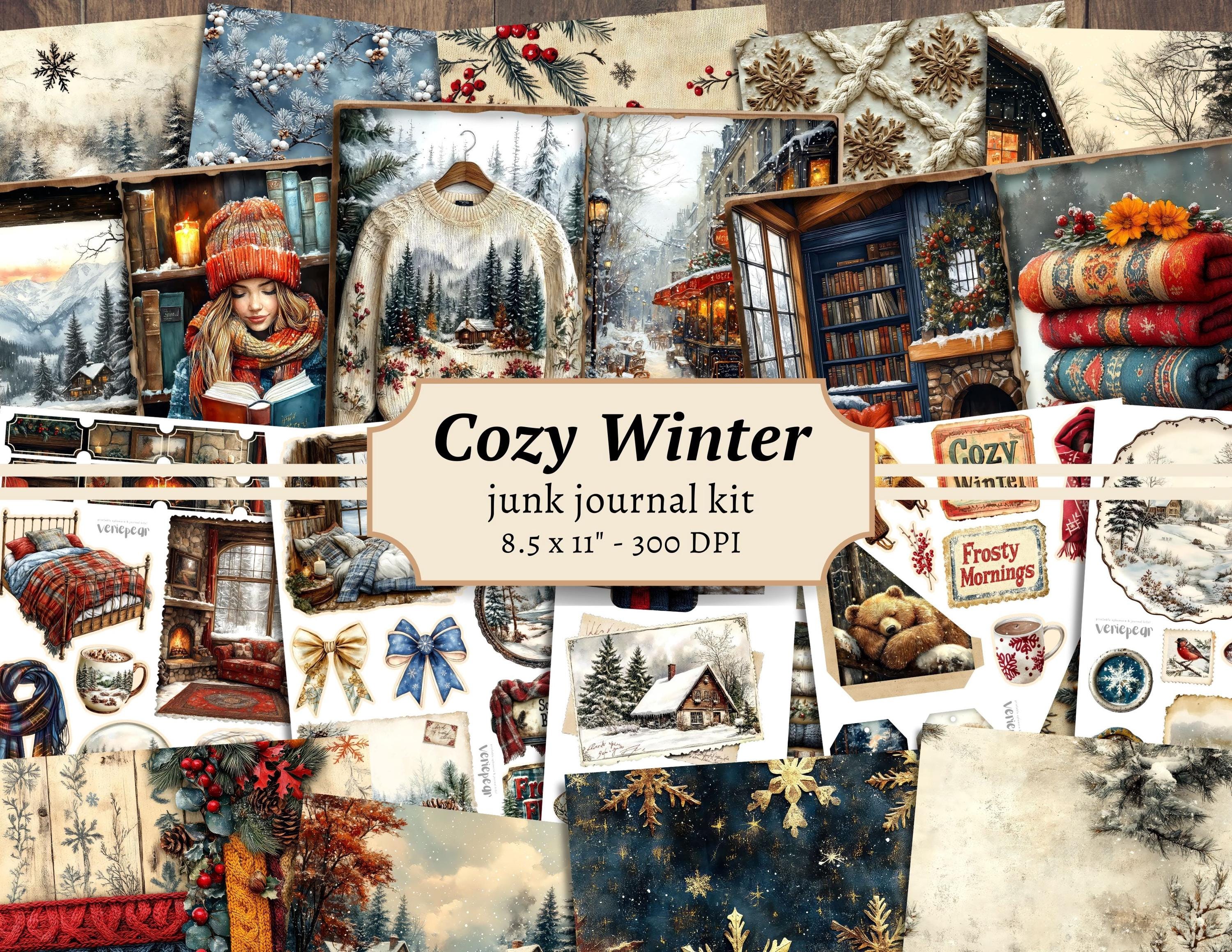 Cozy Winter Junk Journal Kit, Digital Scrapbook Paper, Snow Printable, Winter Wonderland Pages, Collage Sheet, Vintage Ephemera, Cards Tags