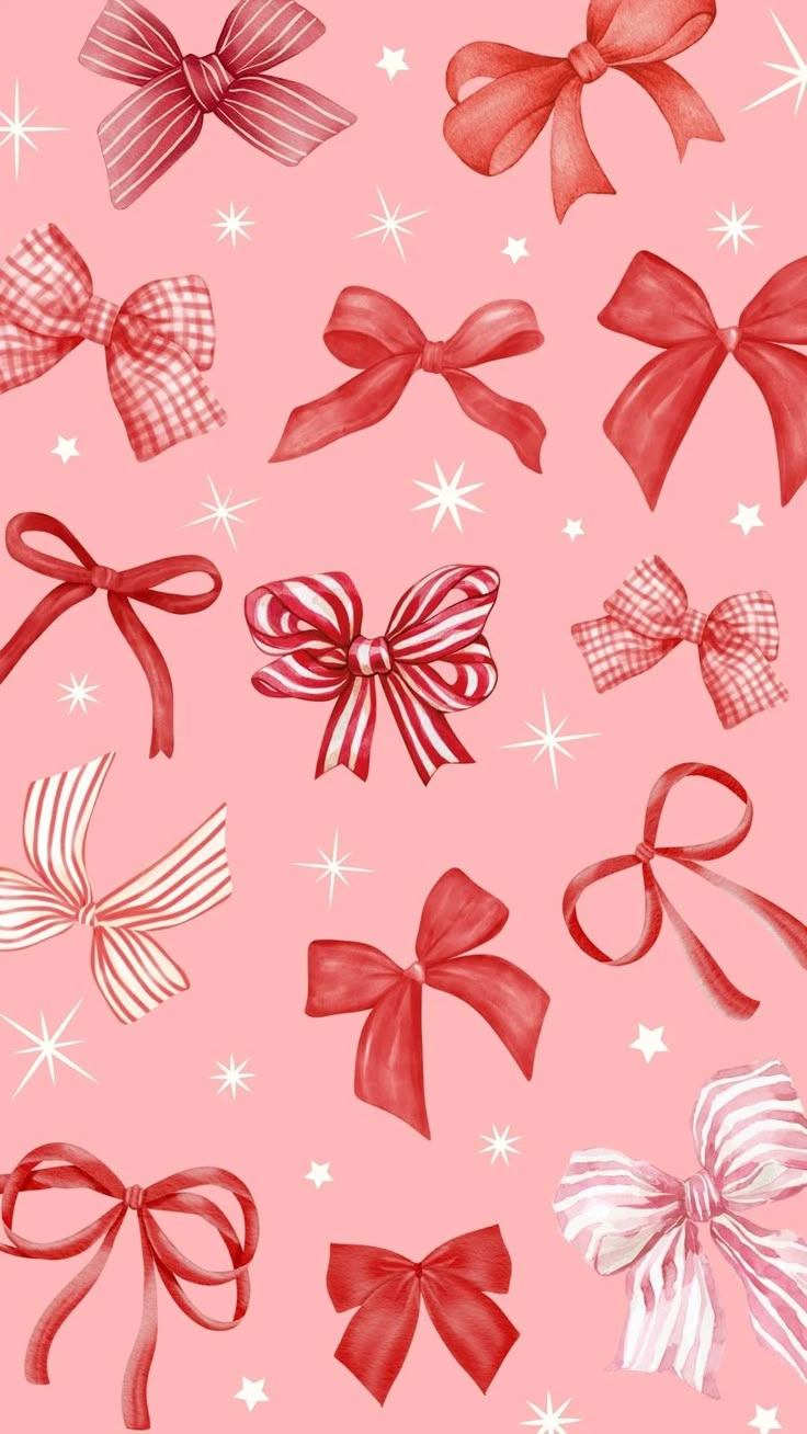 Red and Pink Festive Watercolor Illustrative Christmas Bows Background Phone Wallpaper