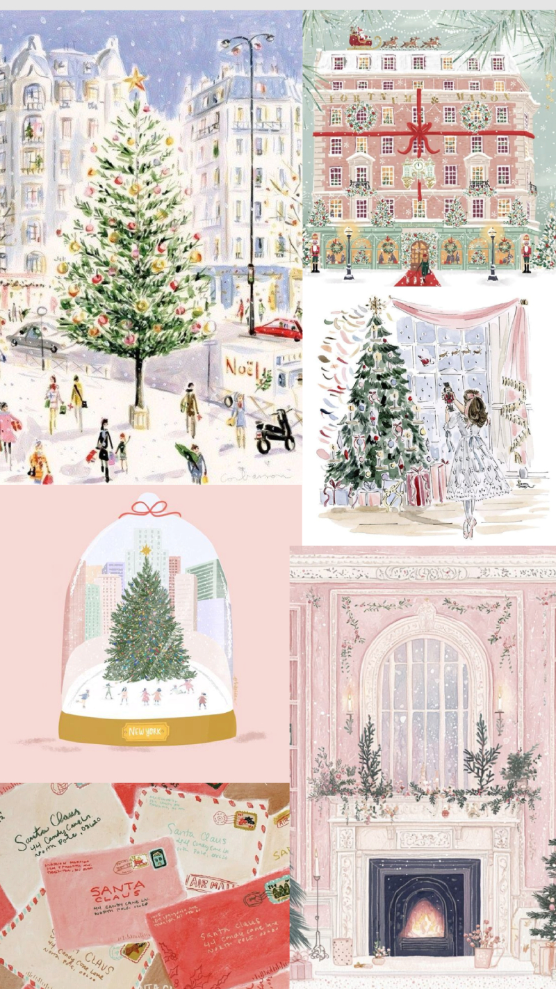 Pastel City Christmas Snow Globe Illustration Wallpaper for iPhone