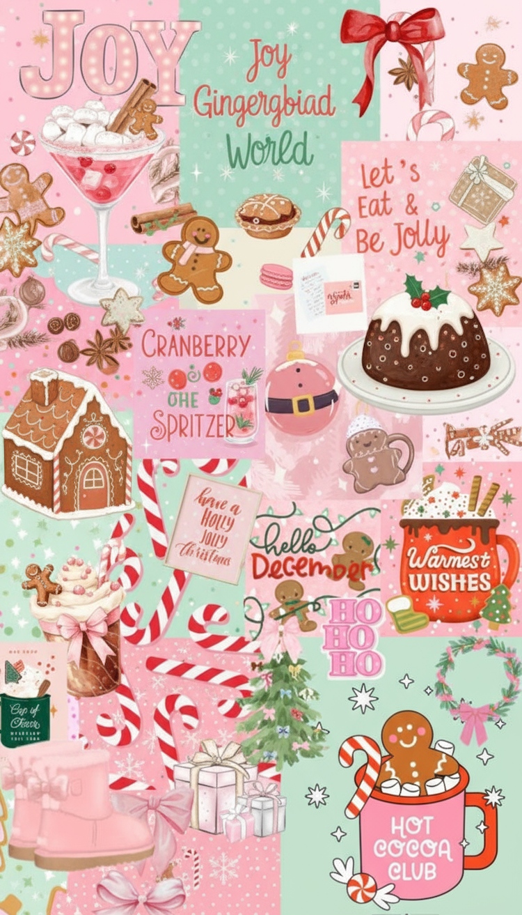 Aesthetic Christmas Collage Wallpaper, Cute Pastel Holiday Cookies, Cocoa & Festive Quotes