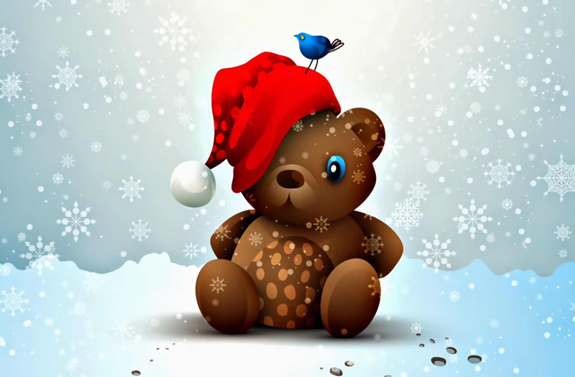 Desktop wallpaper: Snowflake, Holiday, Christmas, Bird, Santa Hat, Snow, Teddy Bear 4K free download for PC. 874407