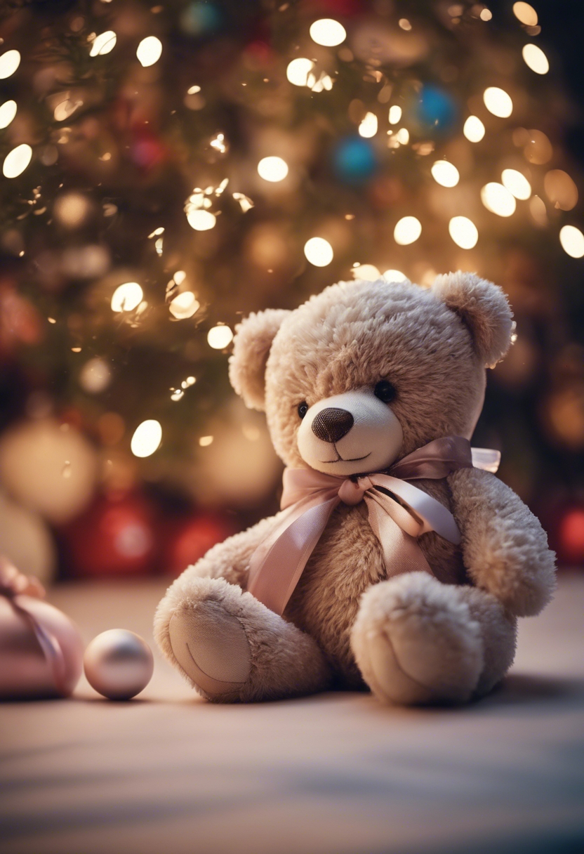 A plush teddy bear entwined in wide ribbons and bows under a twinkling Christmas tree. Wallpaper [97c7d224dbd240588ec6]