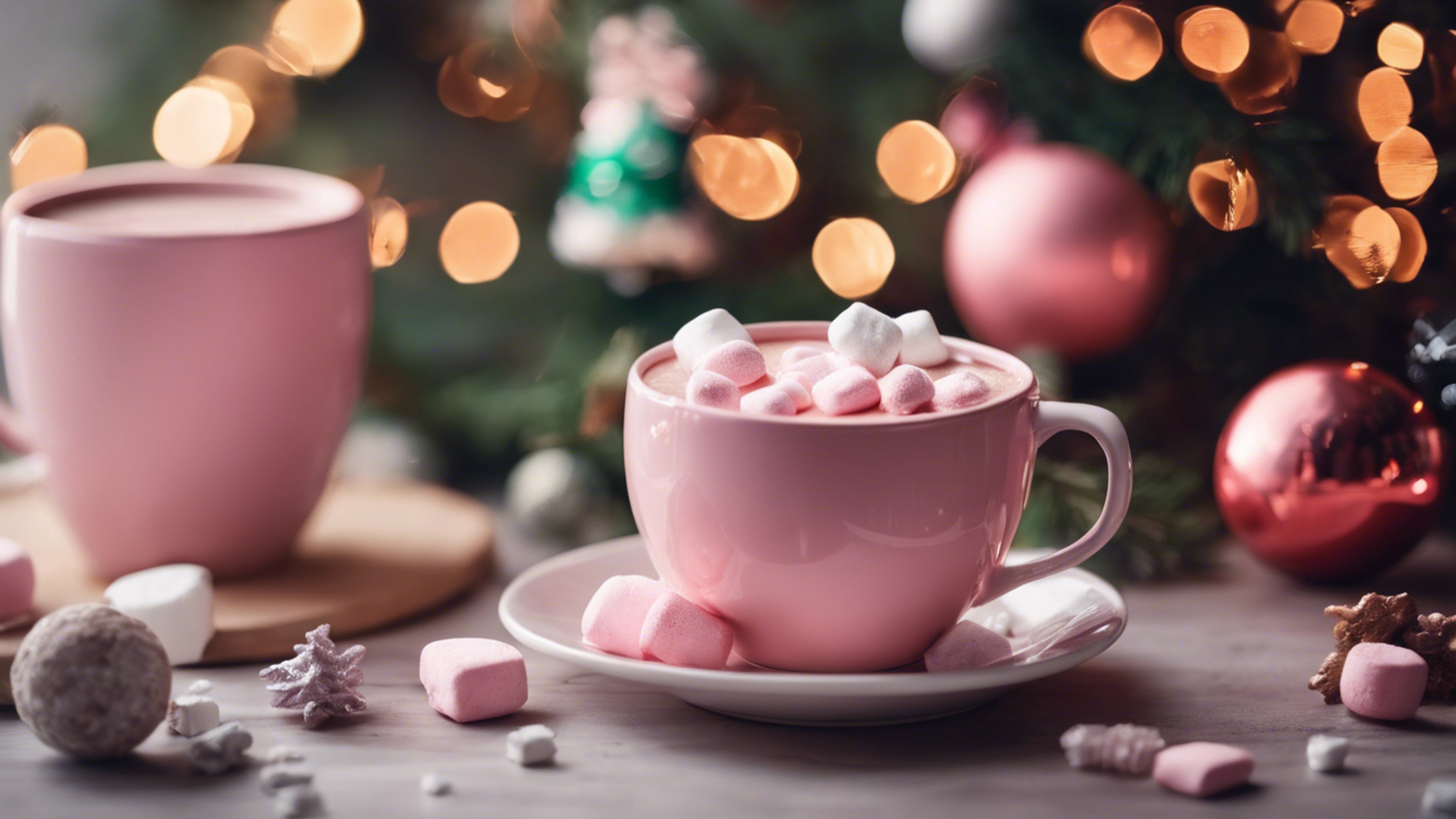 A festive pink hot chocolate with marshmallows on a table by the Christmas tree. Wallpaper [380a87bfb7954582a079]