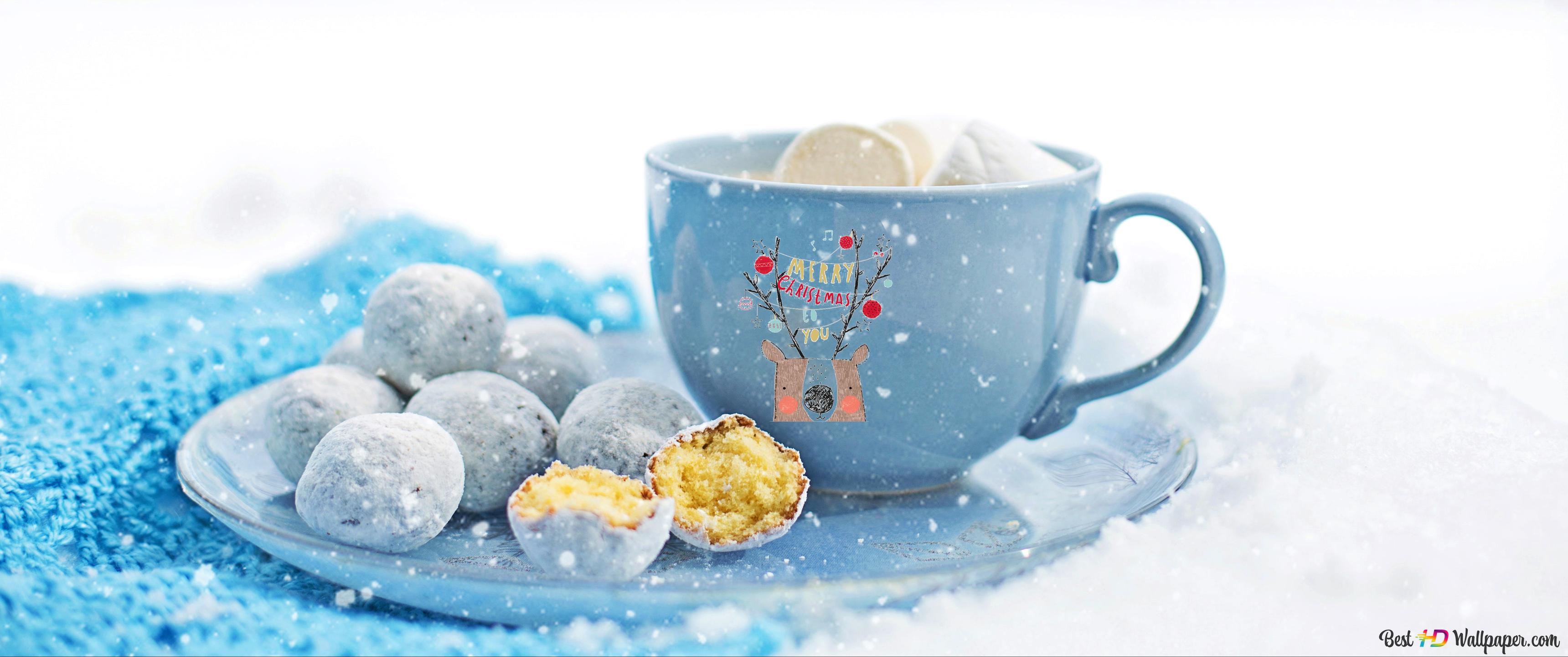 A bowl of pastry and hot Choco Marshmallow for a winter holiday 4K wallpaper download