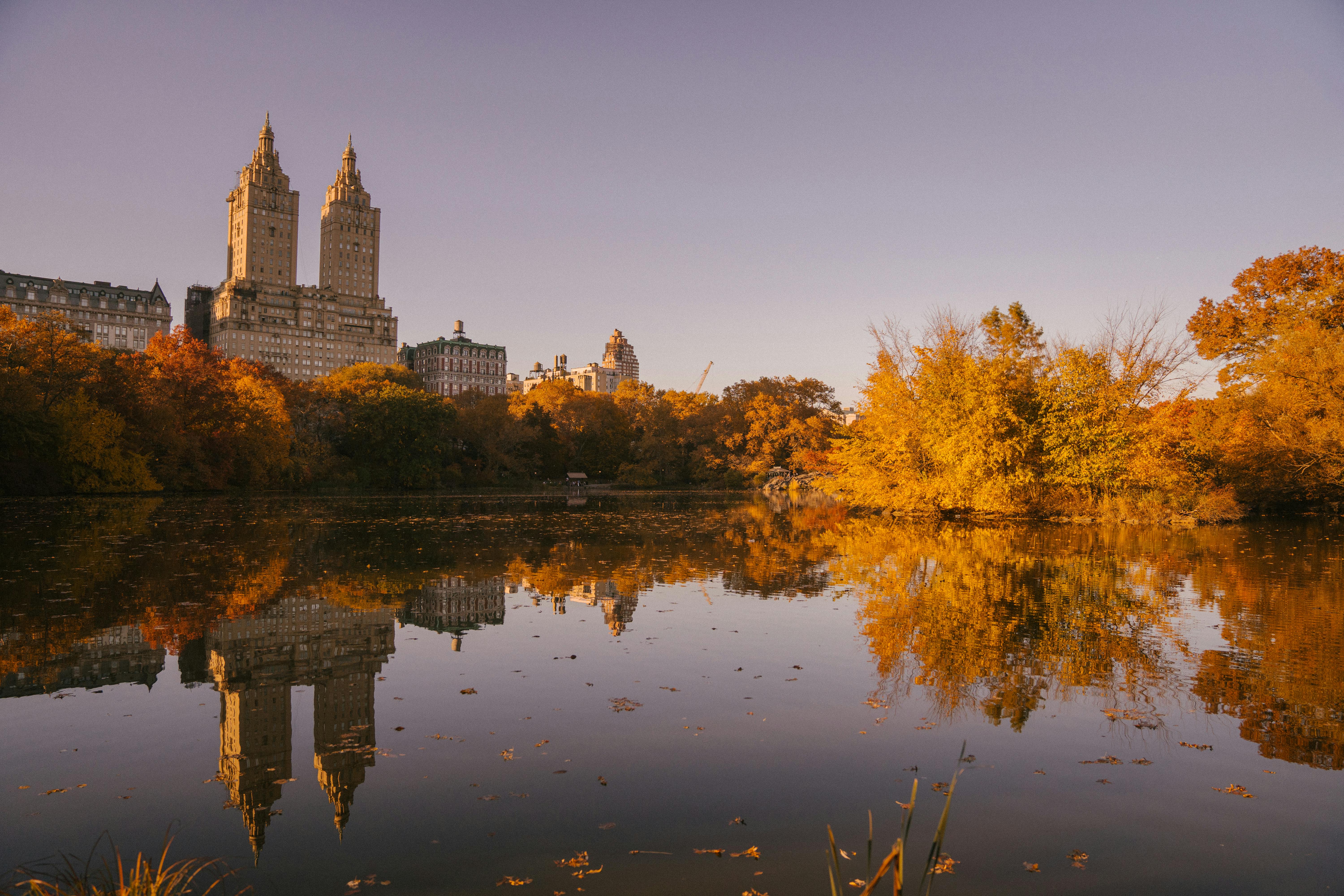 Autumn park with skyscraper reflecting in reservoir · Free