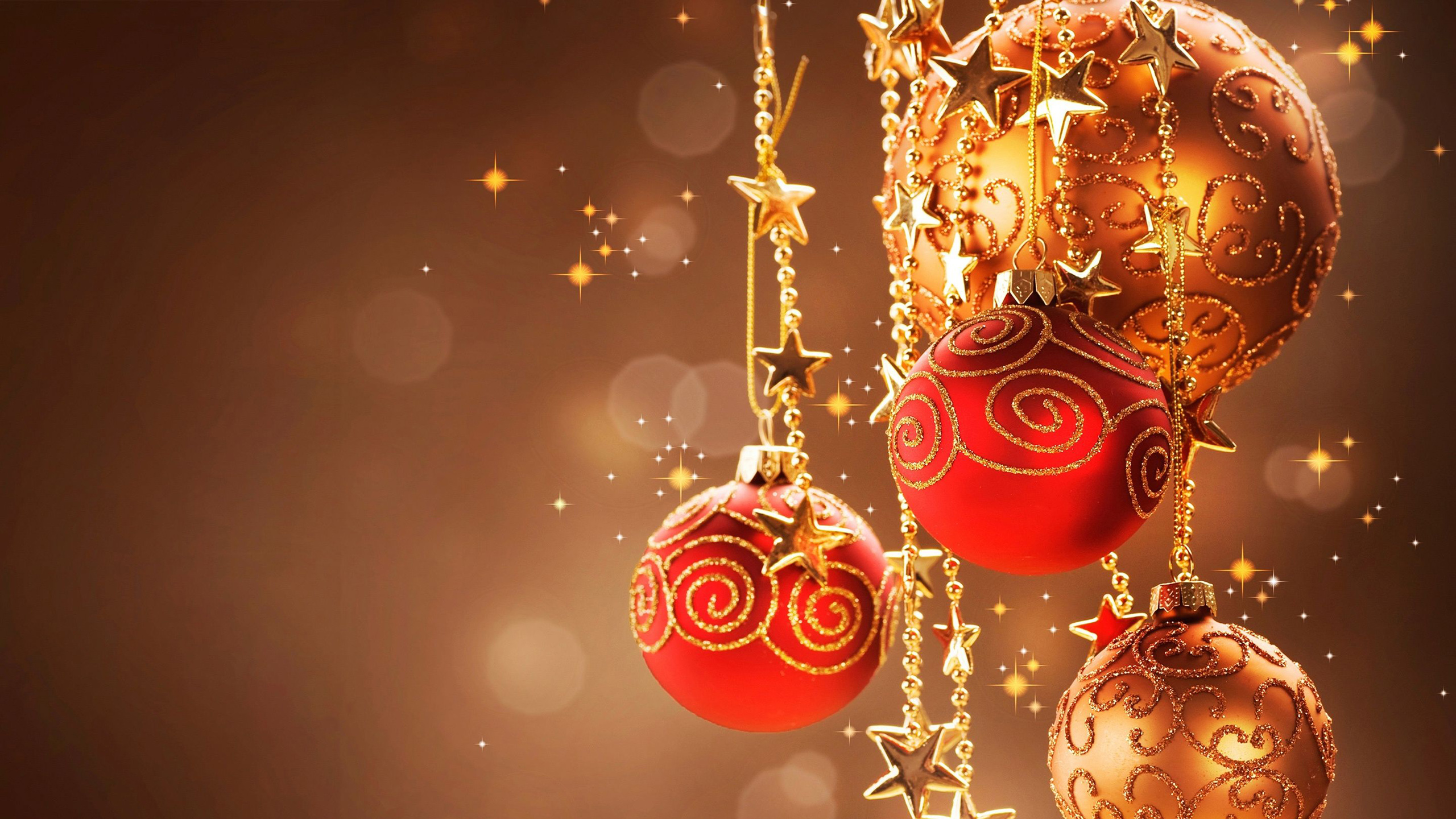 Golden Red Christmas Decorated Balls With Stars HD Christmas Wallpaper