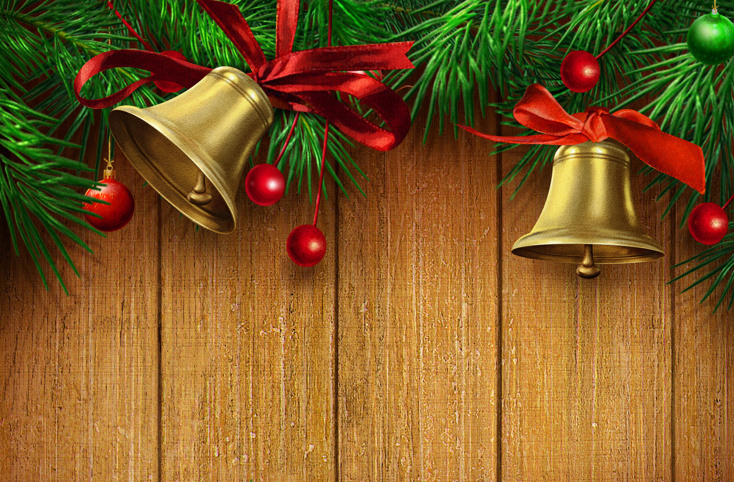 Christmas Wooden Background With Gold Bells And Red Ribbon​ Quality Free Image And Transparent PNG Clipart