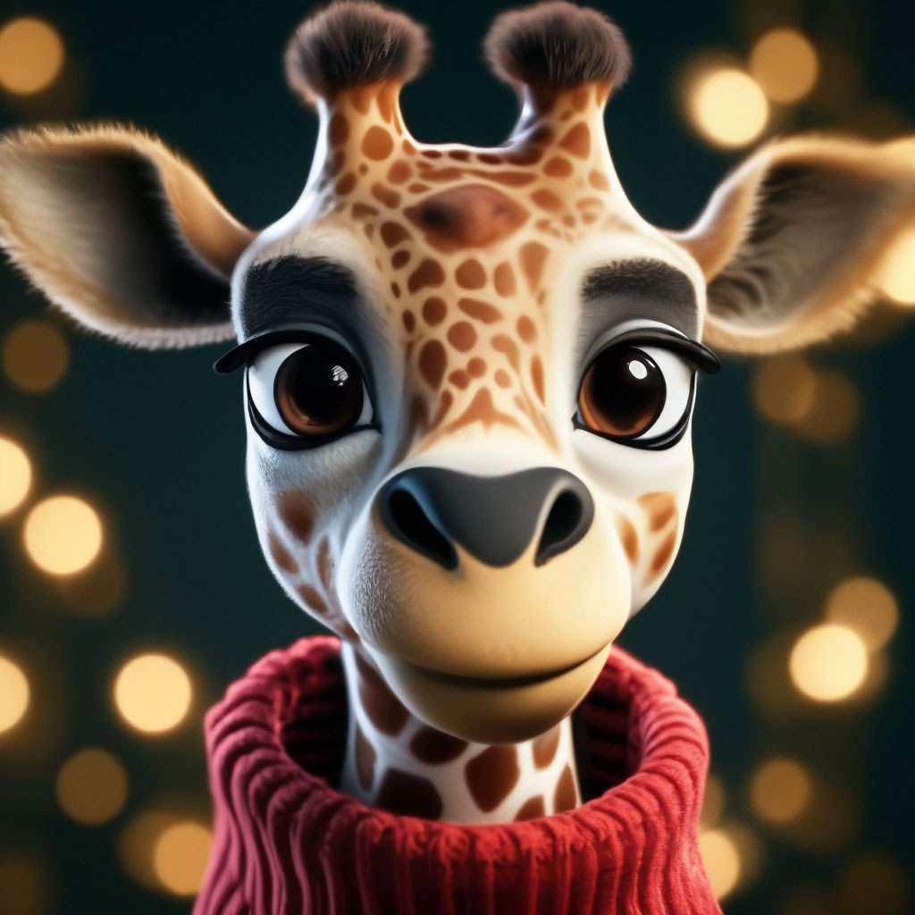 A beautiful cute giraffe with huge eyes in a Christmas knitted sweater on a
