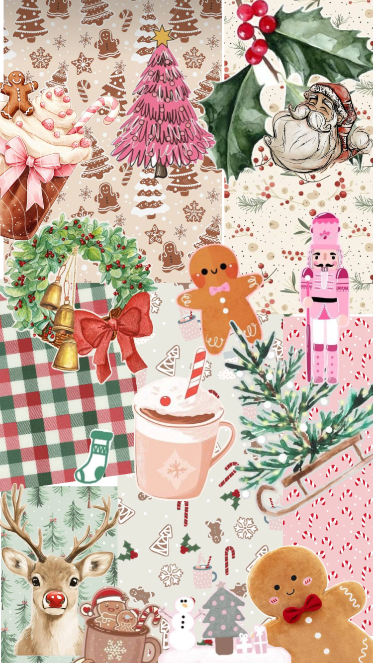 Gingerbread Cocoa & Holly Christmas Collage Wallpaper for iPhone