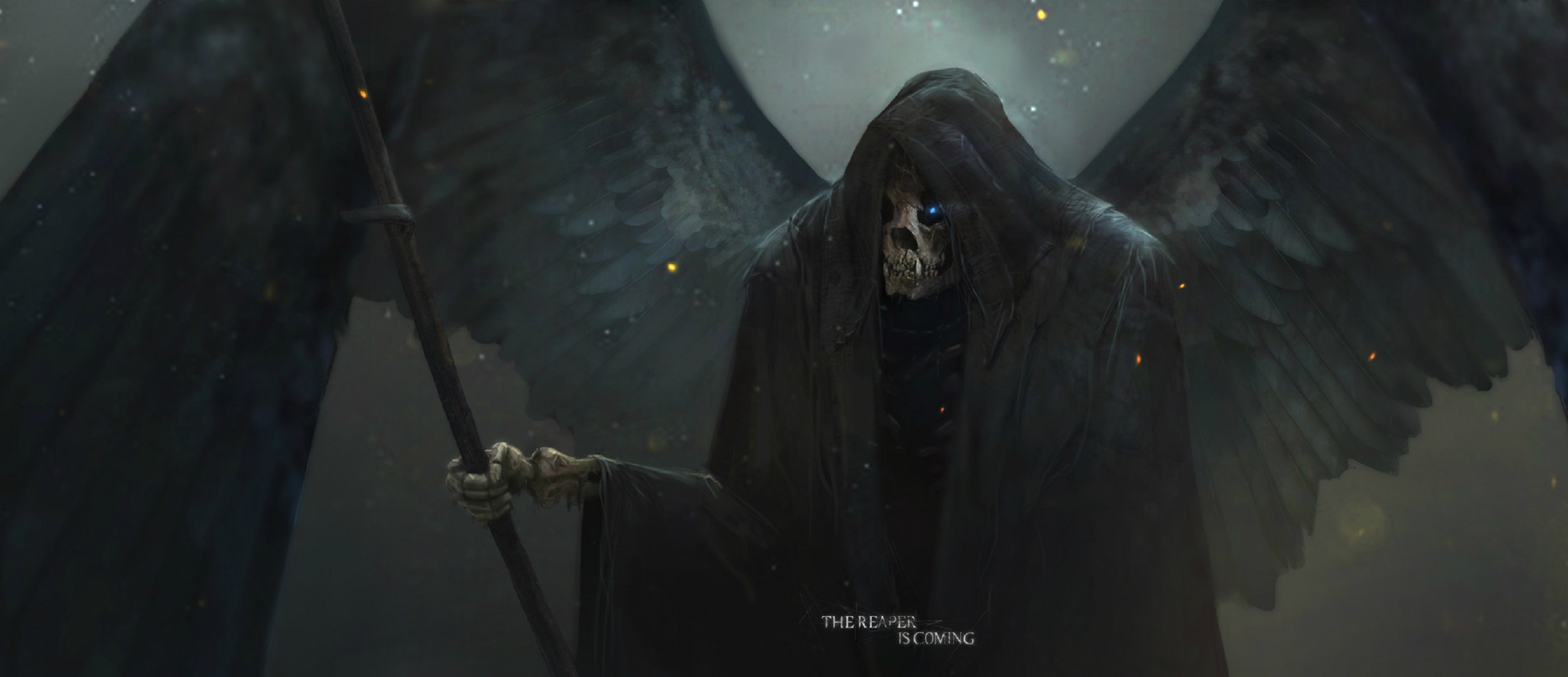 Wallpaper death, skull, art, in the hood, Reaper, burning eyes, black wings, Sawan for mobile and desktop, section фантастика, resolution 2500x1080