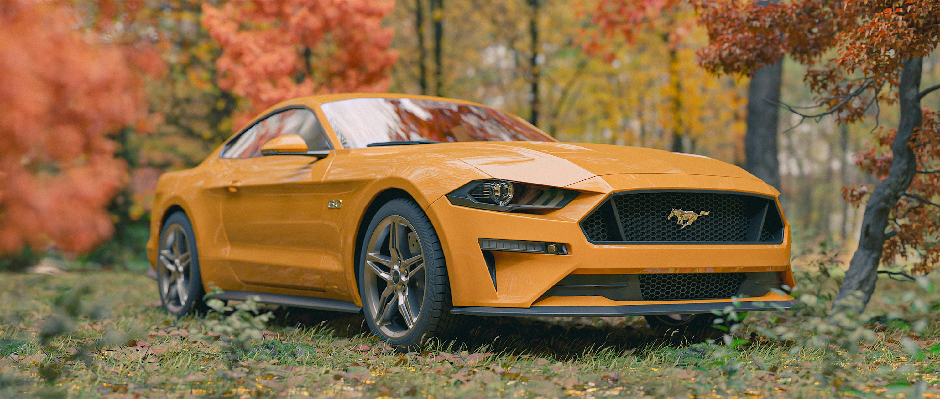 A yellow ford mustang parked in an autumn forest. photo