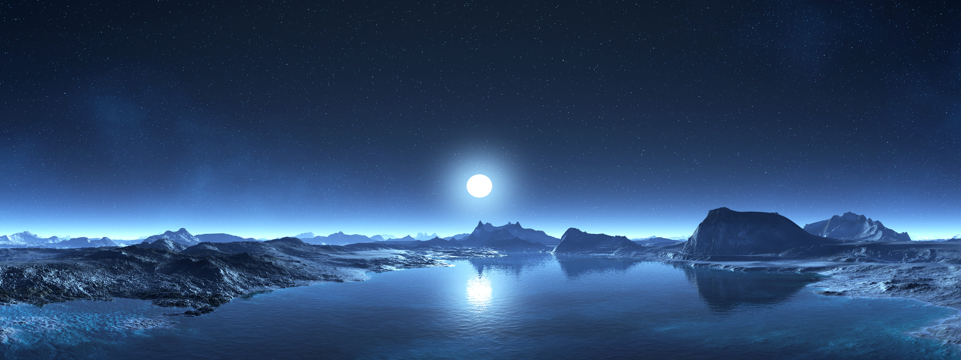Desktop wallpaper: Mountain, Lake, Moonrise, Shiver, Cold, Sci Fi, Planet 4K free download for PC. 1077465