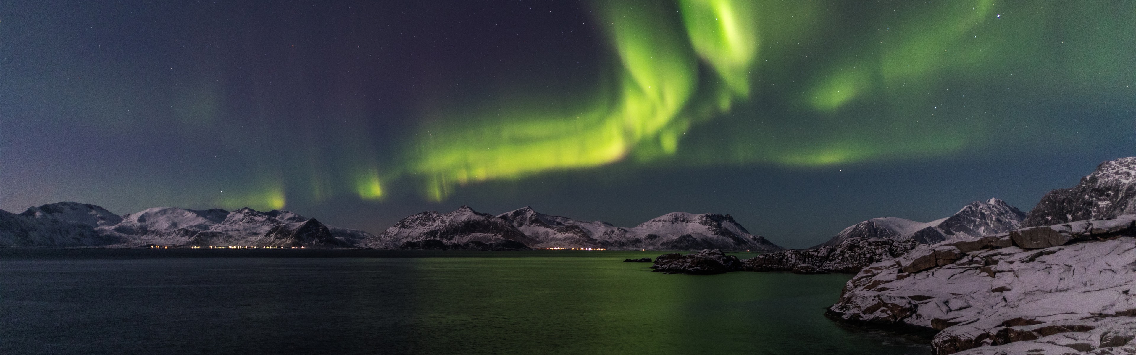 Wallpaper Northern light, night, sea, mountains, snow, winter 5120x2880 UHD 5K Picture, Image