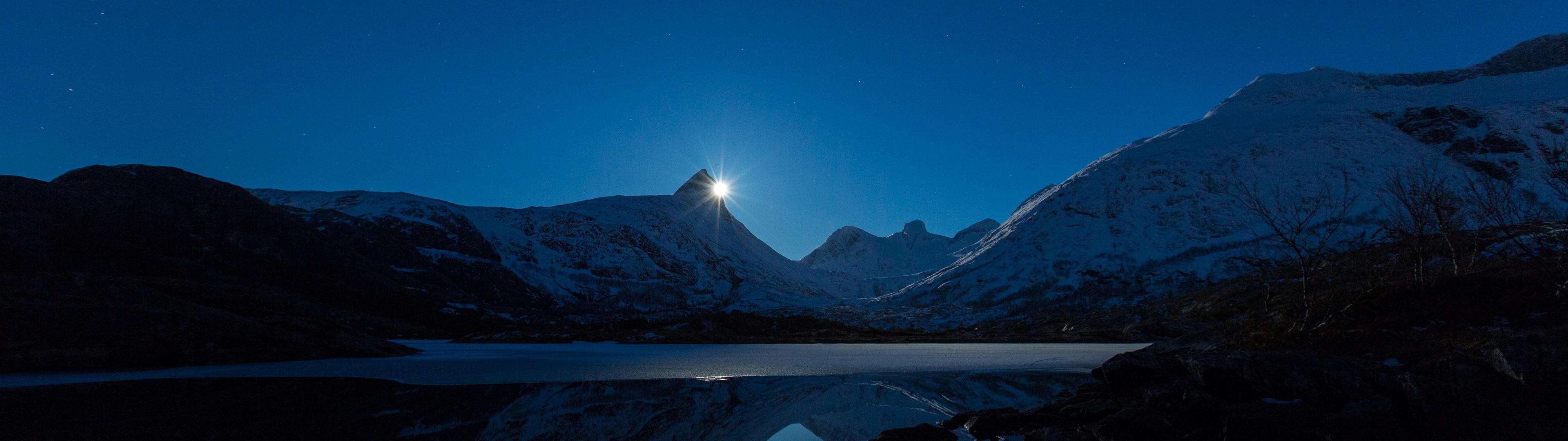 Moonrise Wallpaper 4K, Blue Sky, Mountains, Snow covered