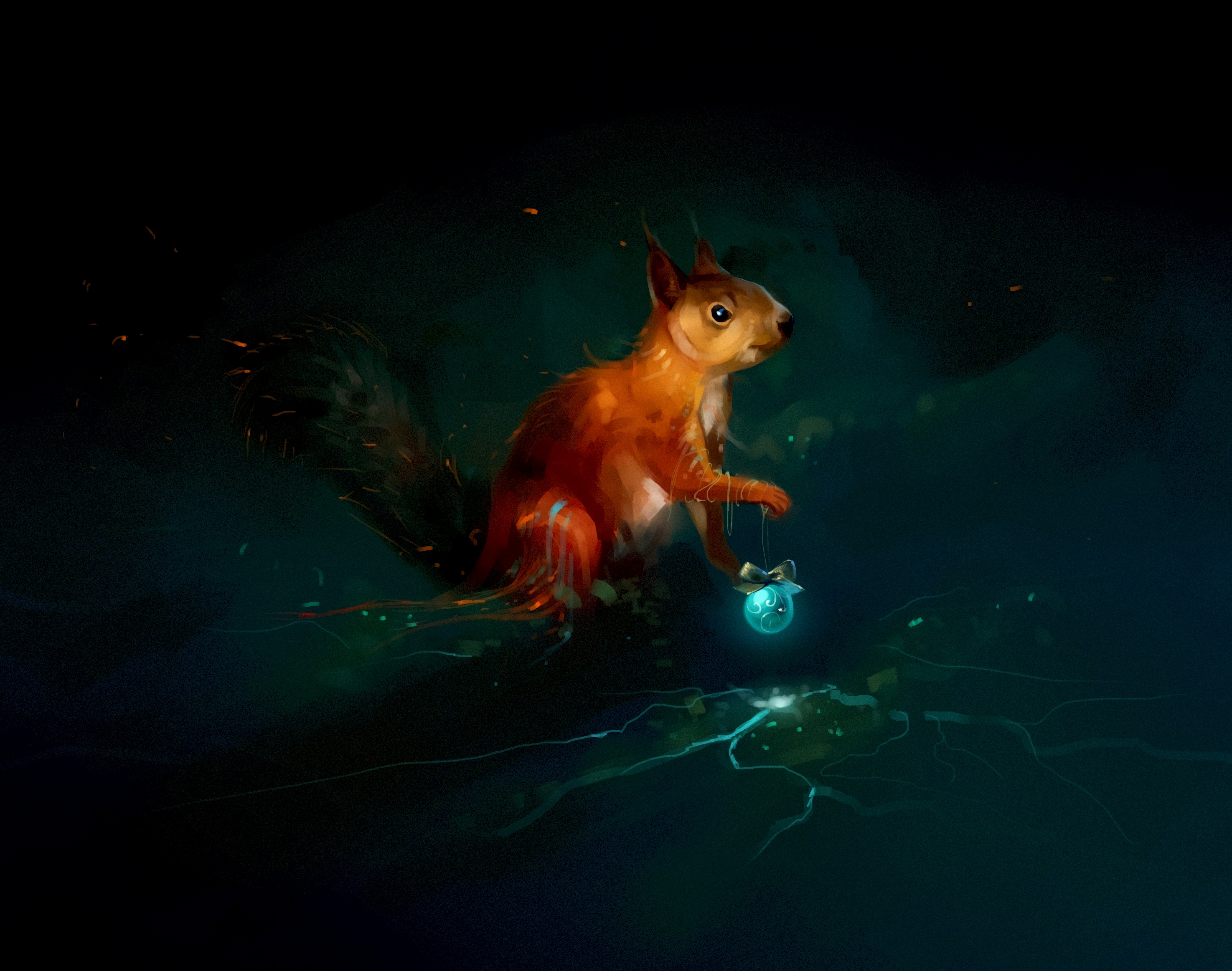 Desktop wallpaper: Dark, Art, Squirrel, Christmas Tree Toy 4K free download for PC. 141919