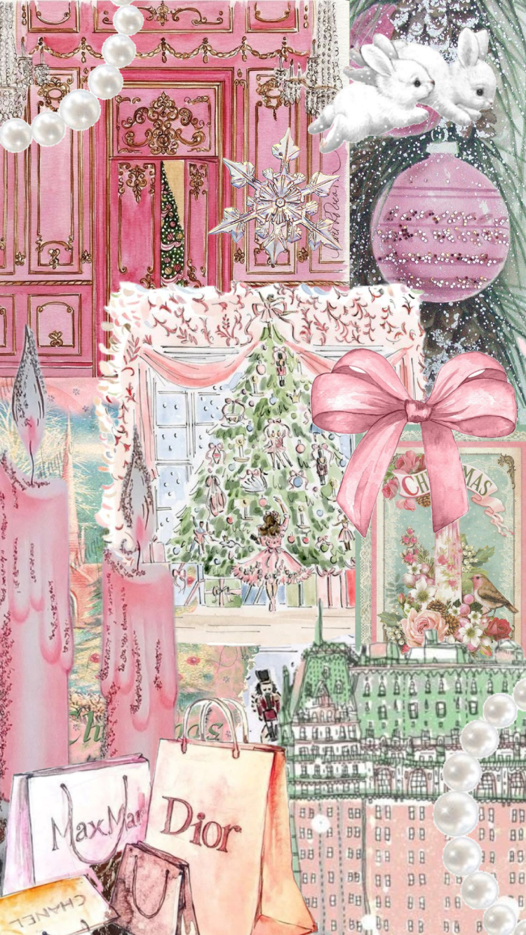 Aesthetic Christmas Collage Phone Wallpaper, Dior Pink Festive Holiday