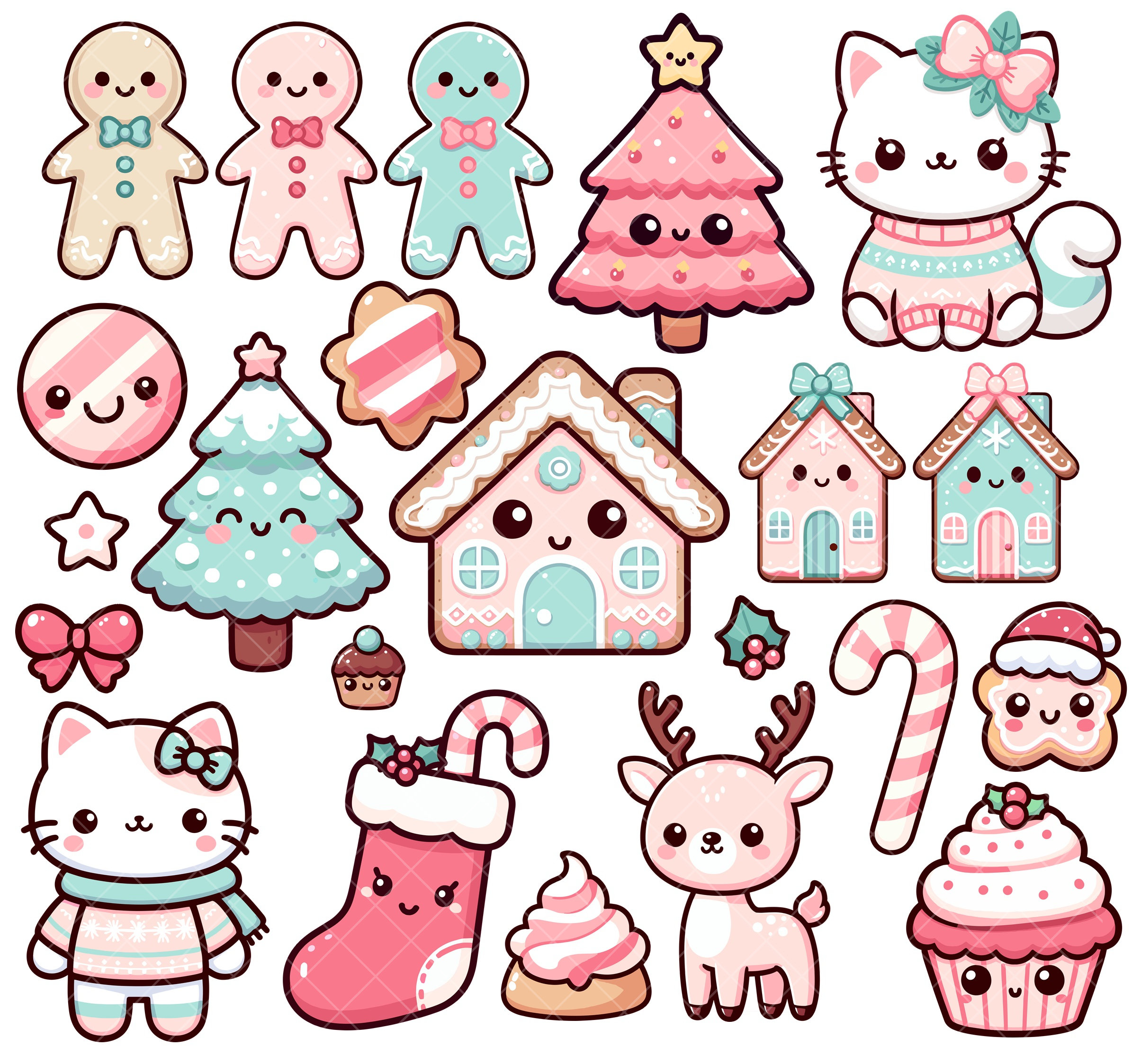 Kawaii Pink and Mint Christmas PNG Bundle