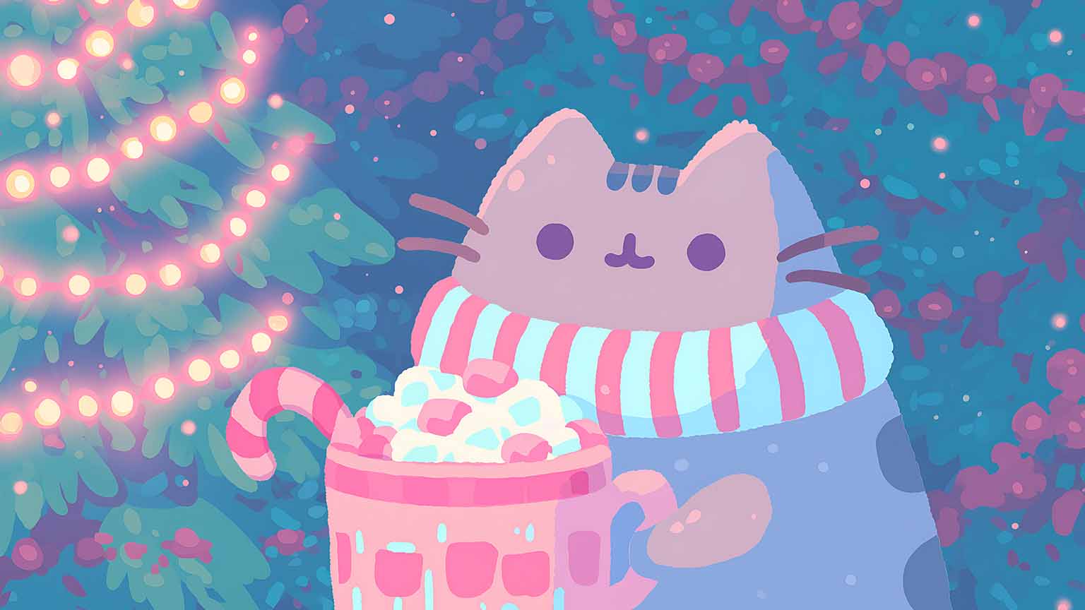 Pusheen Hot Cocoa Cozy Christmas Lights Desktop Wallpaper