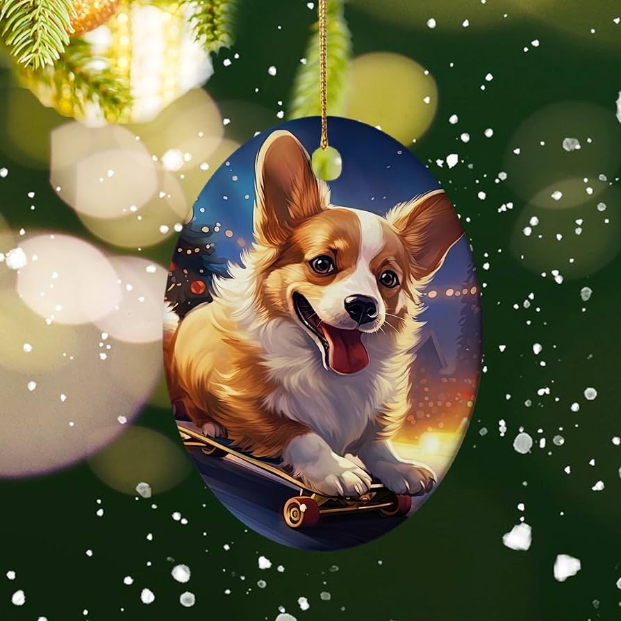 TPLHOUSE Welsh Corgi Christmas Ornament Craft Gifts, Welsh Corgi Christmas Pendant Decor Hanging Ornament for Christmas Tree, Home, Car, Keepsake Ceramic Oval Ornament for Couple, Friends, Family, Home & Kitchen