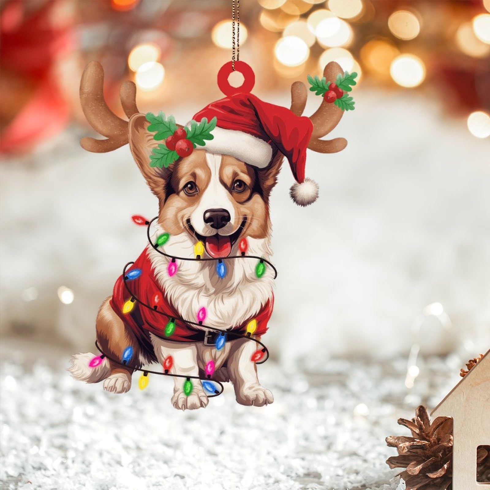 Cute Christmas Antlers Dog Cardigan Welsh Corgi Xmas Ornament 2D Acrylic Merry Christmas Ornaments Keepsake in Memory of Pet Dog Souvenir for Christmas Tree Seasonal Holiday Decoration
