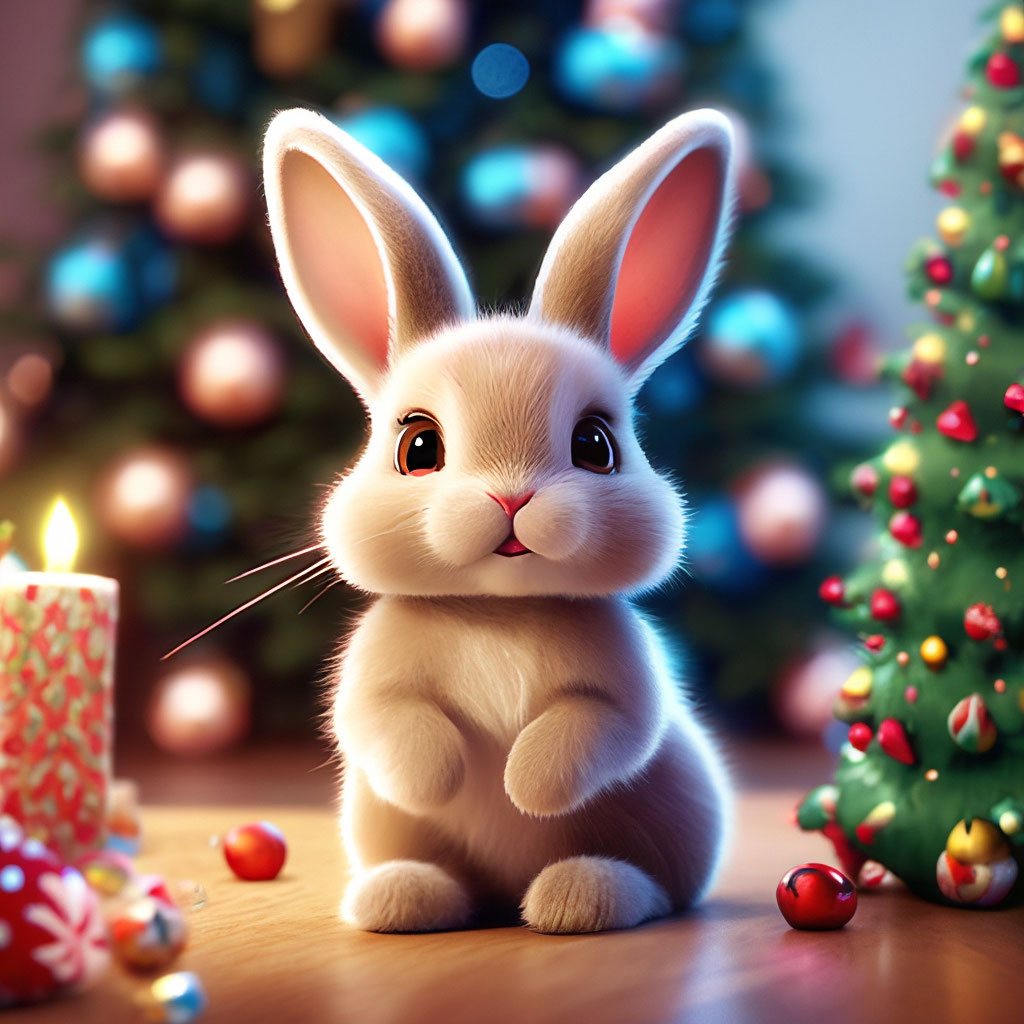 Cute bunny on the background of a Christmas tree