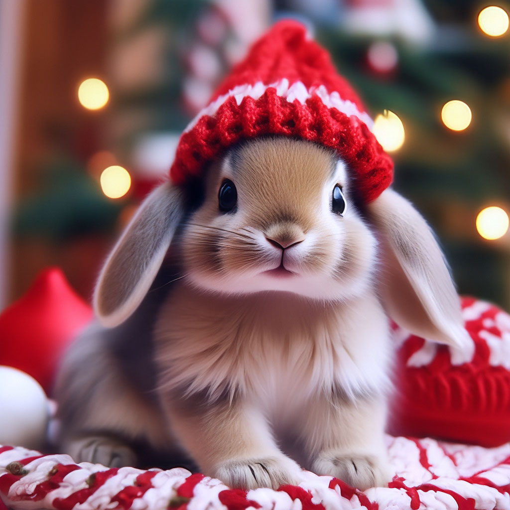 Ultra cute bunny in a red knitted hat is sitting under a beautiful Christmas tree, realistic, professional photo, 4