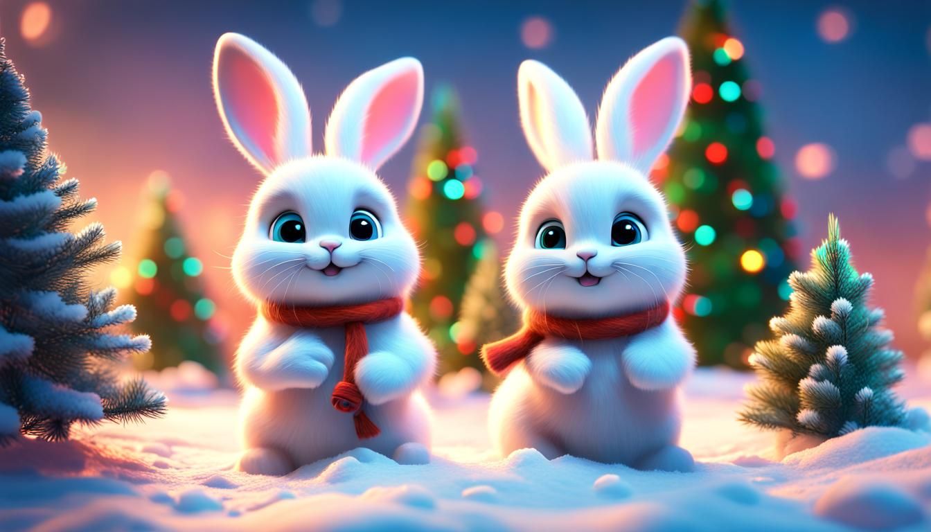 white fluffy rabbit kittens on the snow with a christmas trees Pixar, Disney, concept art, 3D digital art, Maya 3D, ZBrush Central 3D shadin