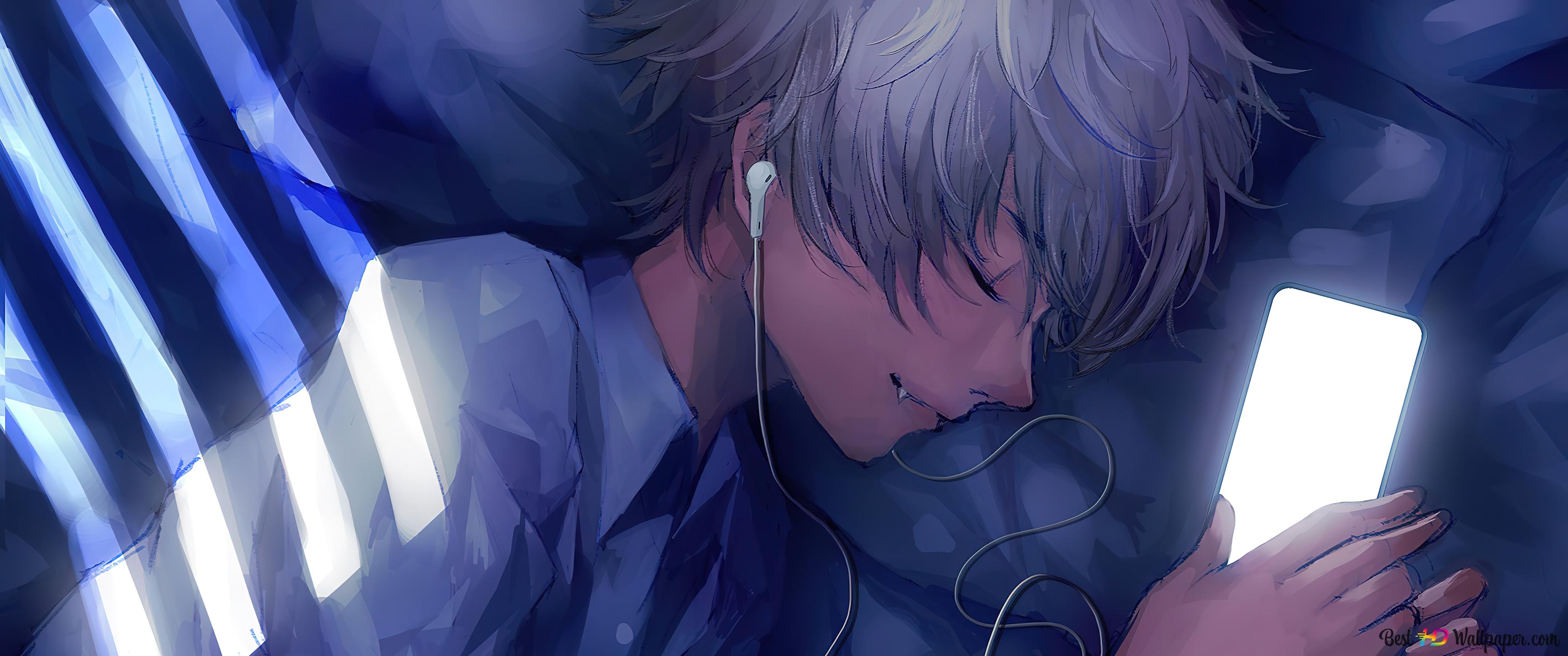 Anime boy sleeping while hearing music 4K wallpaper download